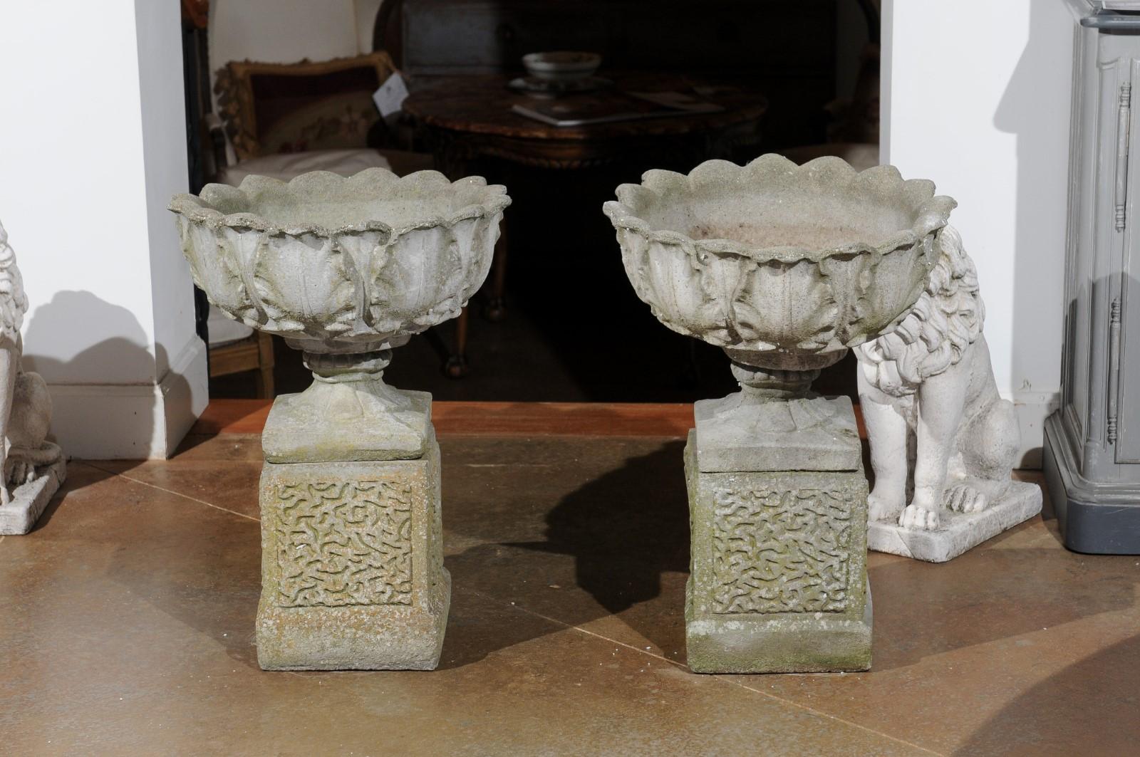 Pair of English 20th Century Stone Urns on Pedestals with Acanthus Leaf Motifs For Sale 5
