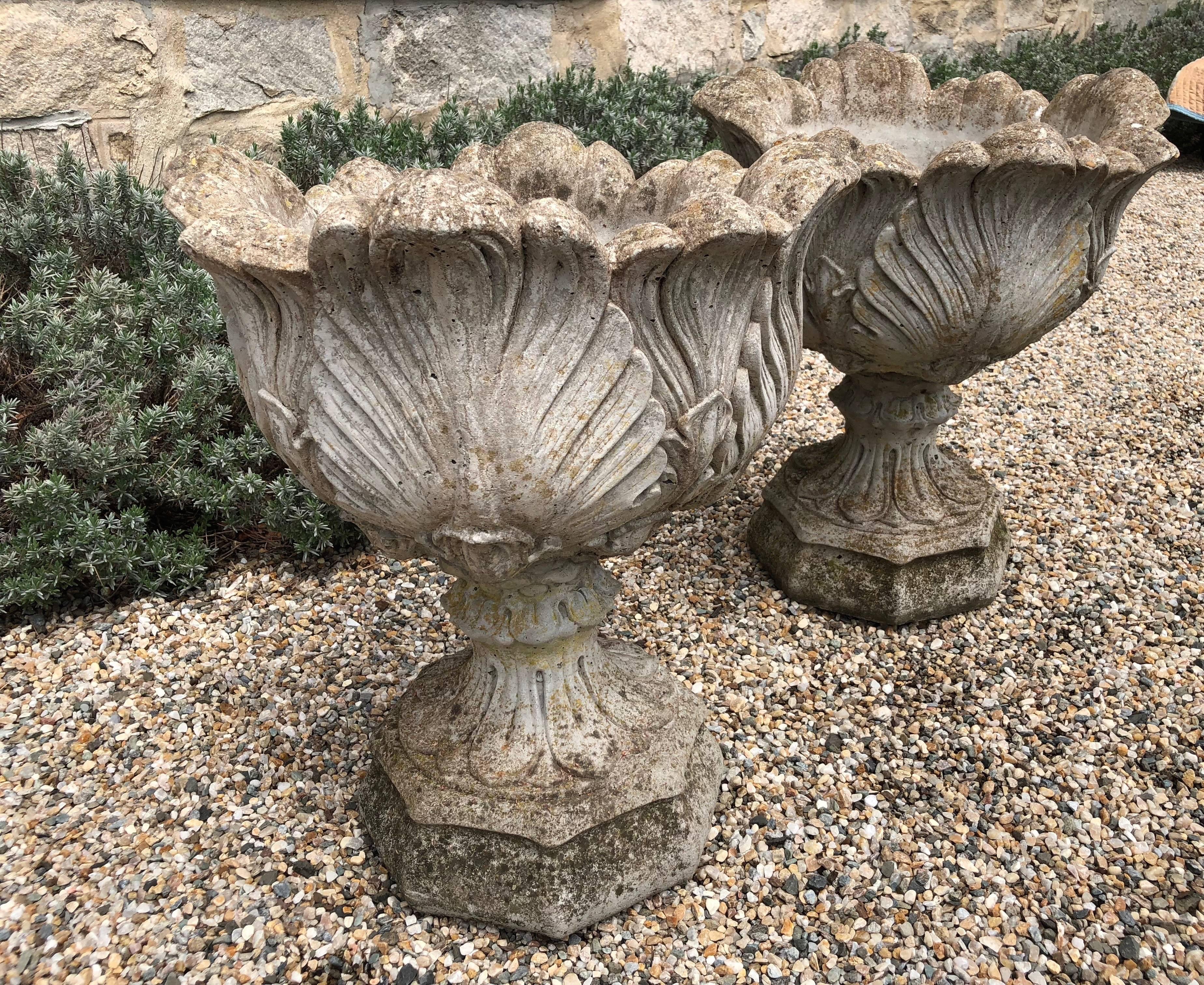 These urns, each in two parts, feature crisp acanthus leaf-form bowls on hexagonal bases and separate for easy transport. With a lovely weathered surface with lichen, and in excellent condition, they are the perfect accompaniment to any garden,
