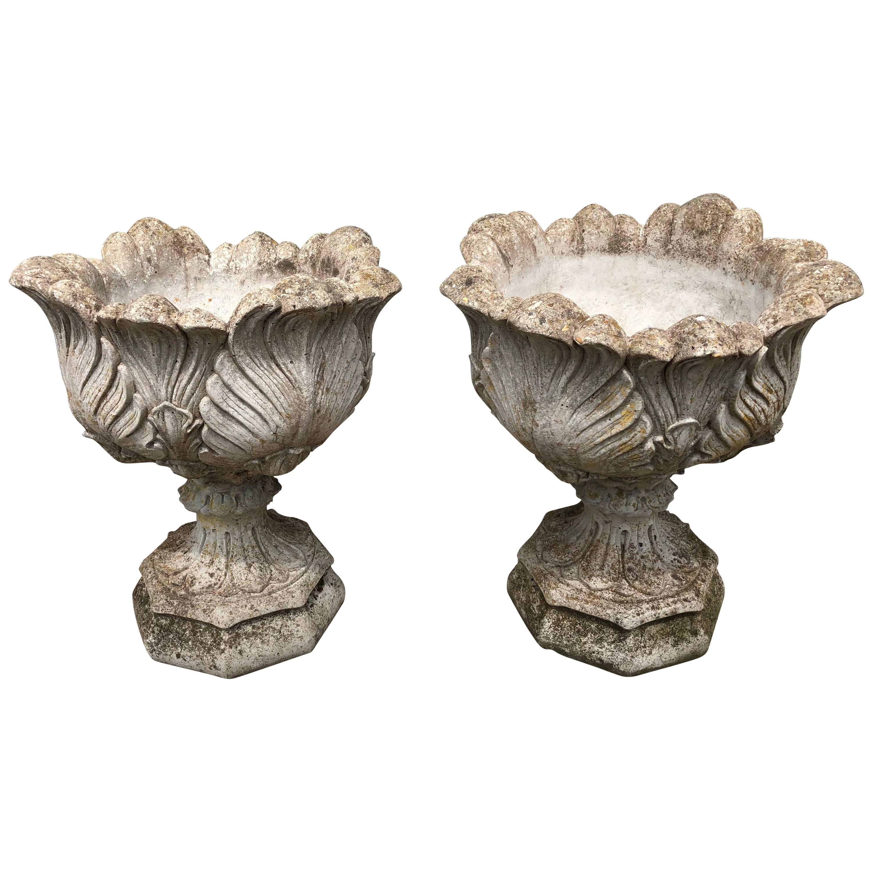 Pair of English Acanthus-Leaf Cast Stone Urns