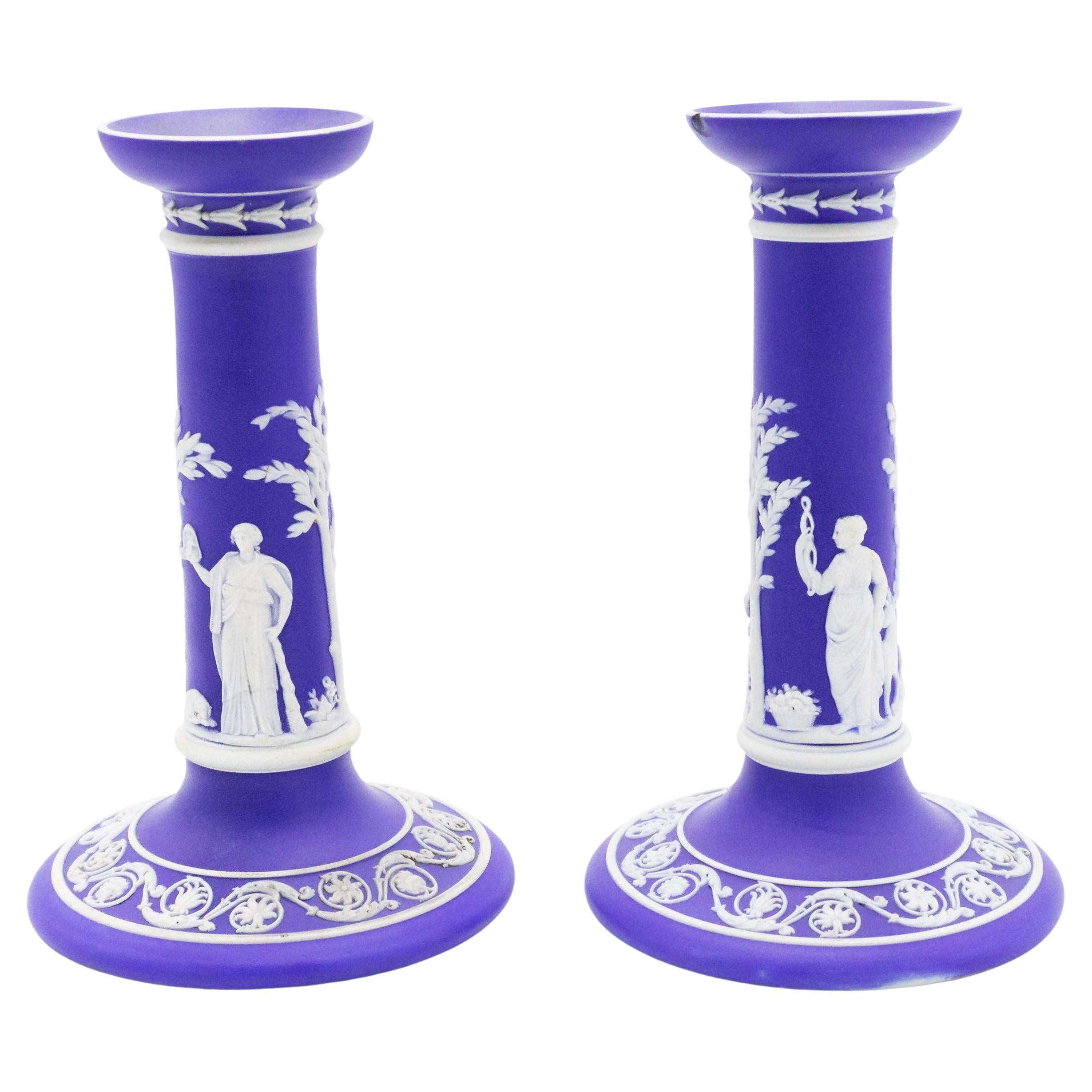 Pair of English Adam Blue Wedgwood Porcelain Candlesticks For Sale
