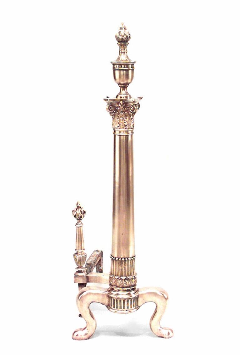 Pair of English Adam-style (19/20th Century) brass andirons with column design and Corinthian capital surmounted with urn with flame finial. (PRICED AS PAIR).
 