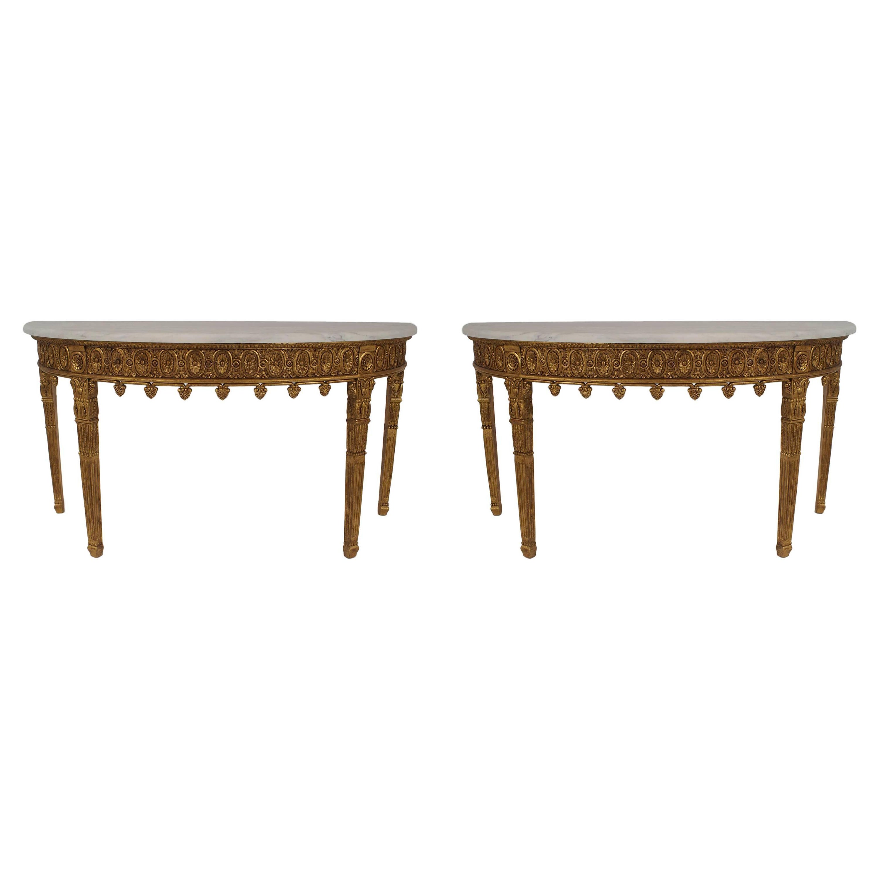 Pair of English Adam Gilt Demilune Console Tables
