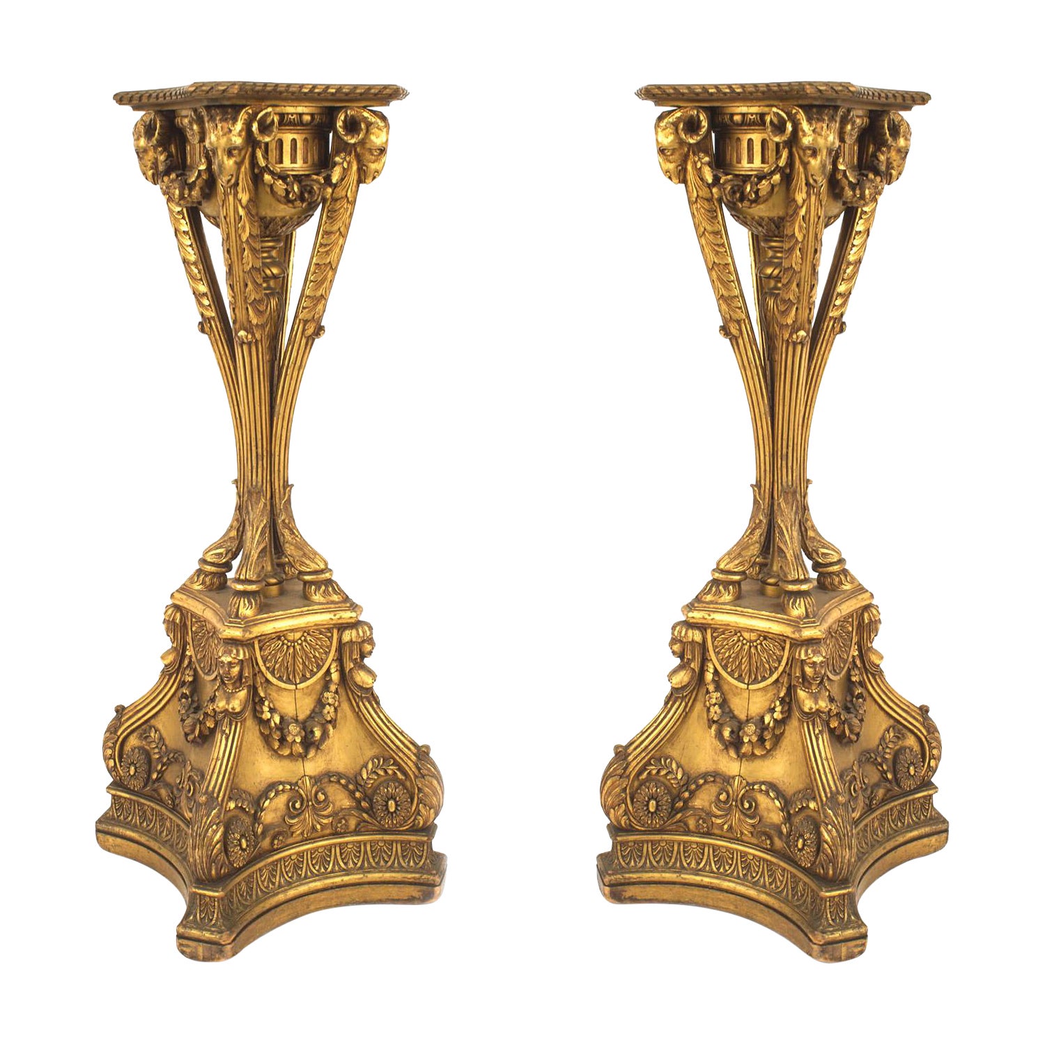 Pair of English Adam Gilt Ram Pedestals For Sale