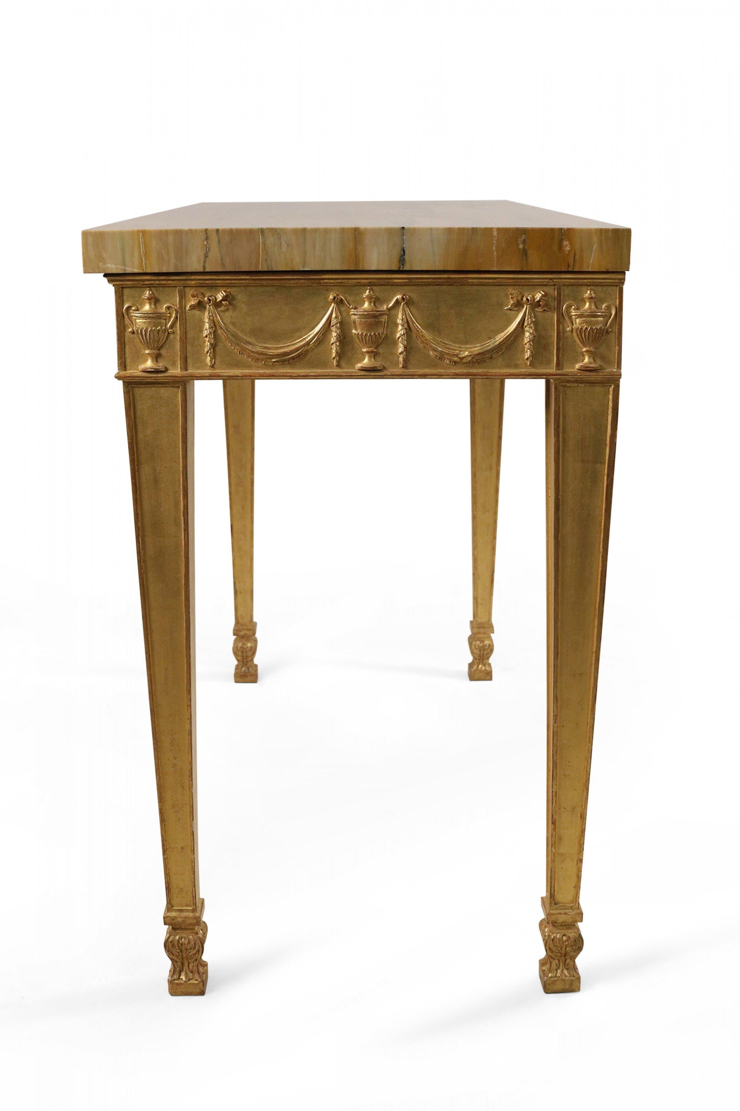 Adam Style Pair of English Adam Neoclassic Style Giltwood and Marble Console Tables For Sale