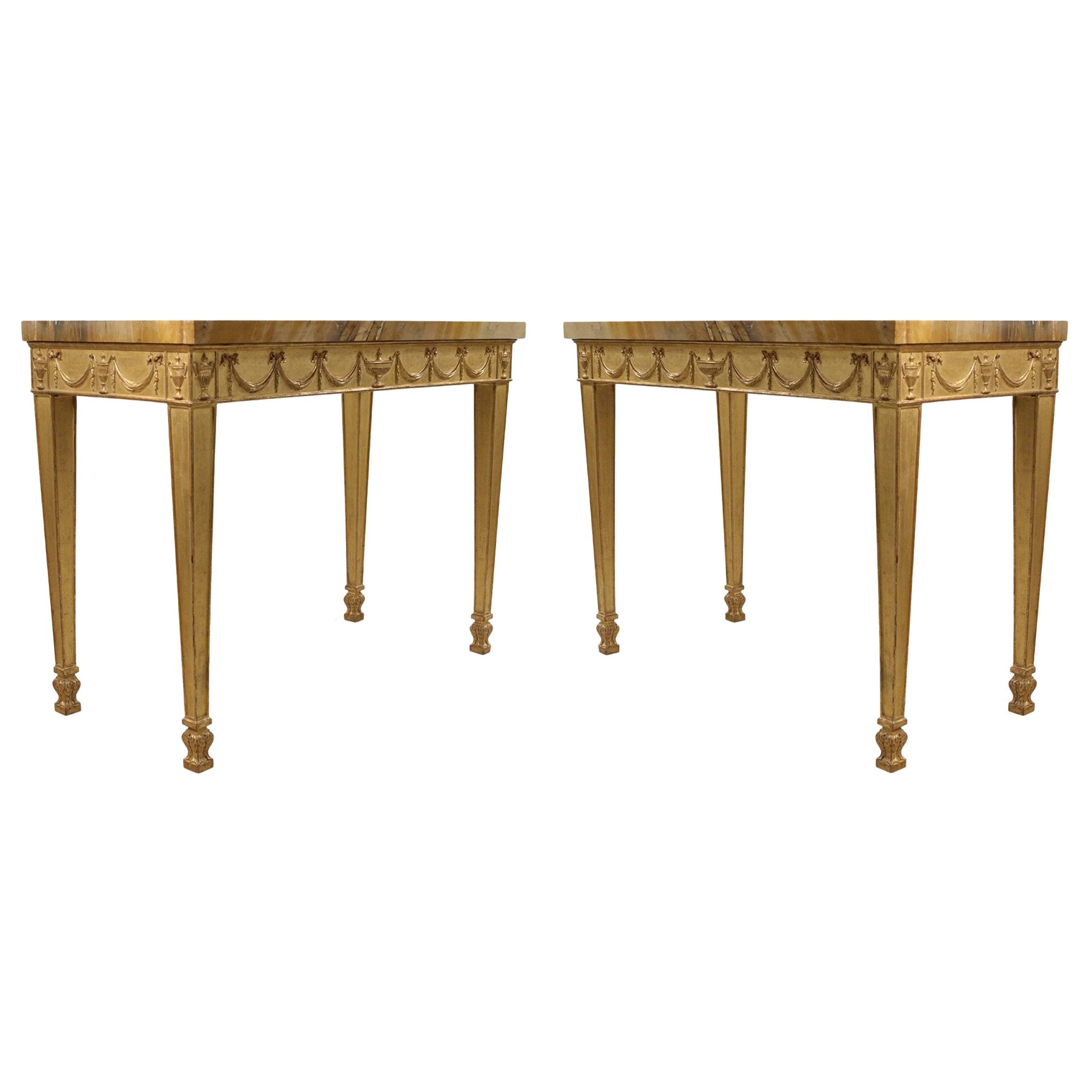 Pair of English Adam Neoclassic Style Giltwood and Marble Console Tables For Sale