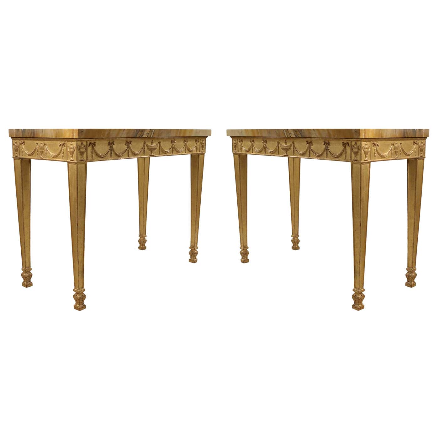 Pair of English Adam Neoclassic Style Giltwood and Marble Console ...