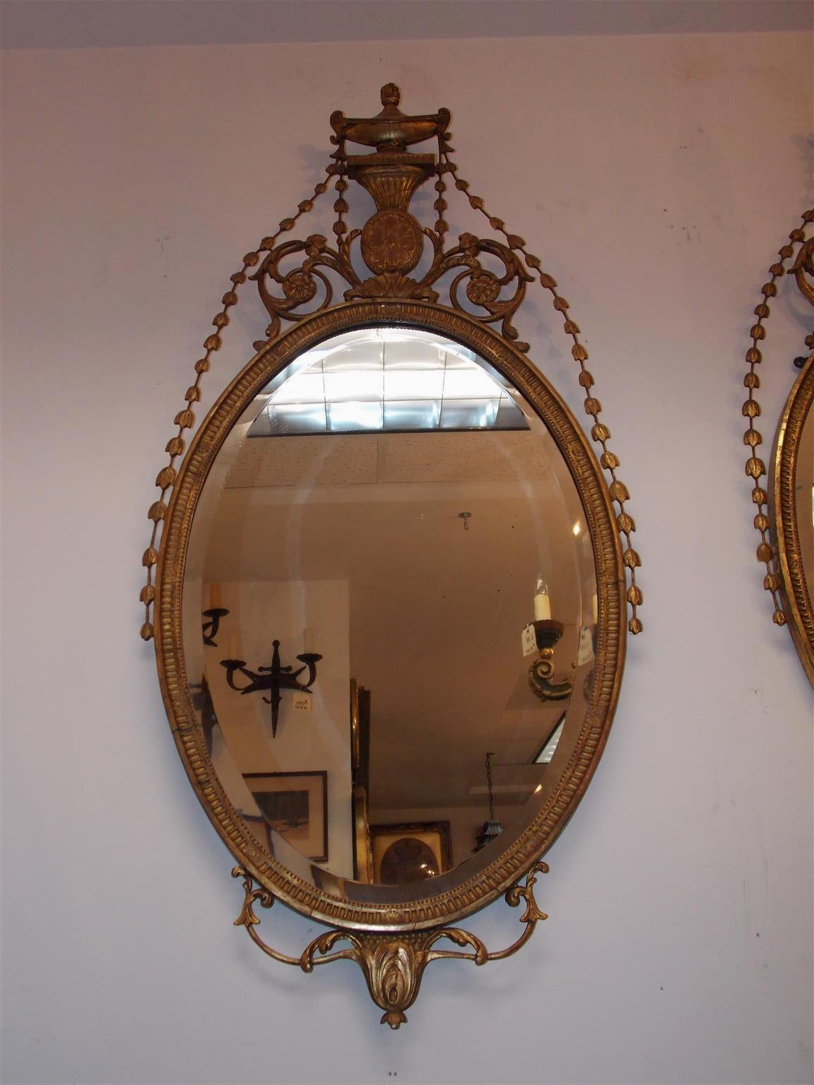 Pair of English Adam Oval Urn & Bell Flower Mirrors with Beveled Glass, C. 1800 For Sale 4