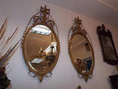 Pair of English Adam Oval Urn & Bell Flower Mirrors with Beveled Glass, C. 1800