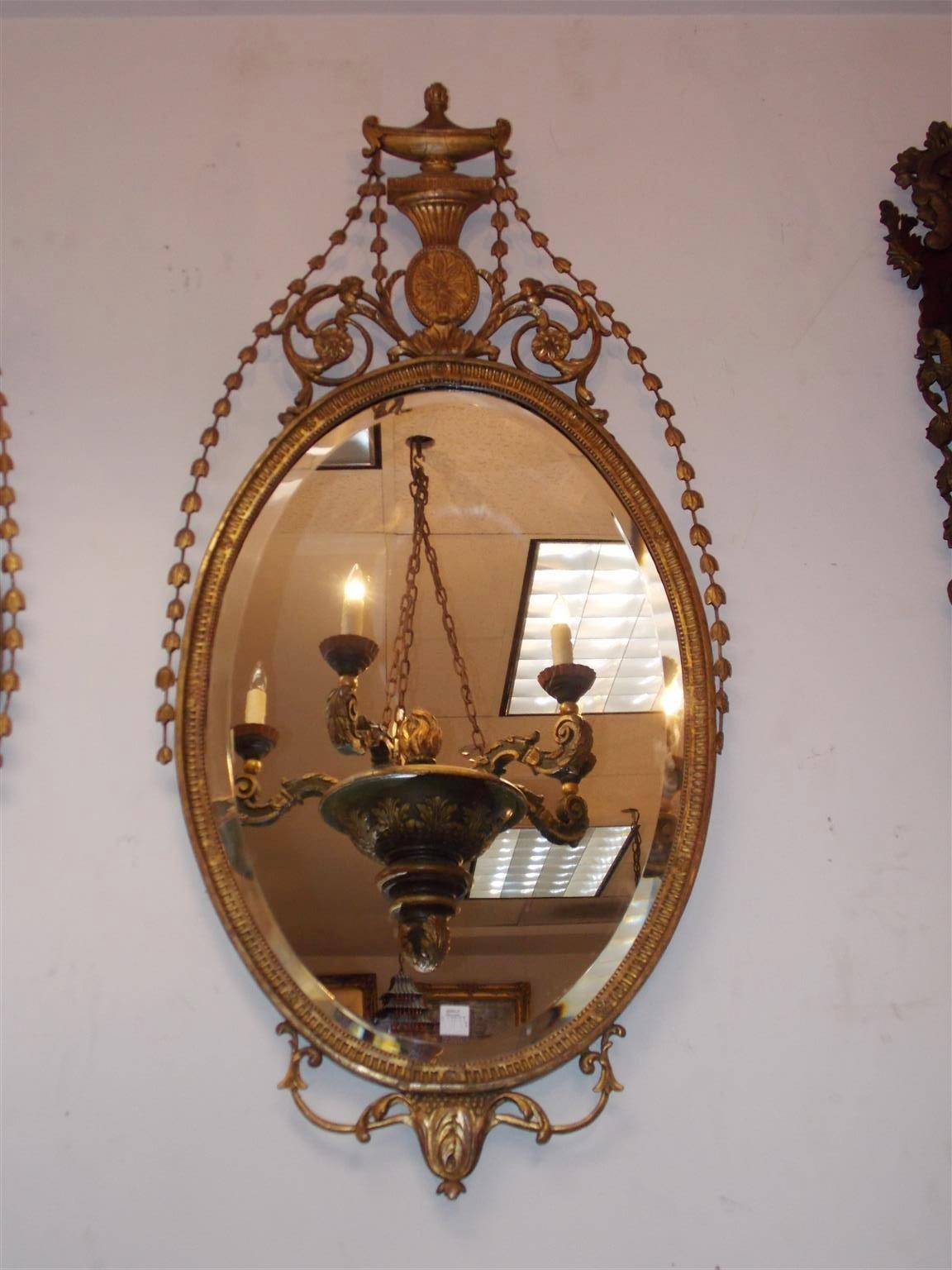 Early 19th Century Pair of English Adam Oval Urn & Bell Flower Mirrors with Beveled Glass, C. 1800 For Sale