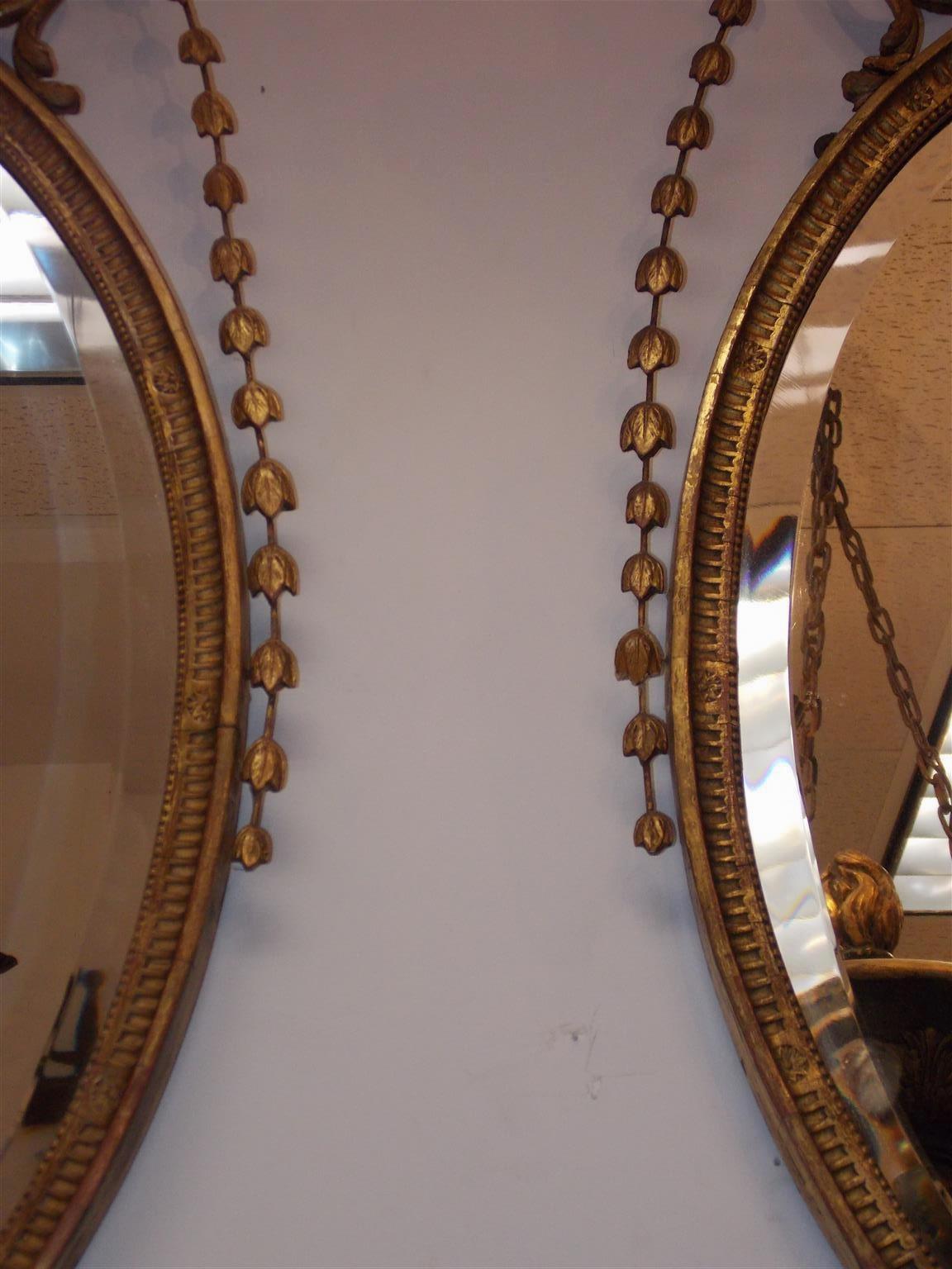 Pair of English Adam Oval Urn & Bell Flower Mirrors with Beveled Glass, C. 1800 For Sale 3