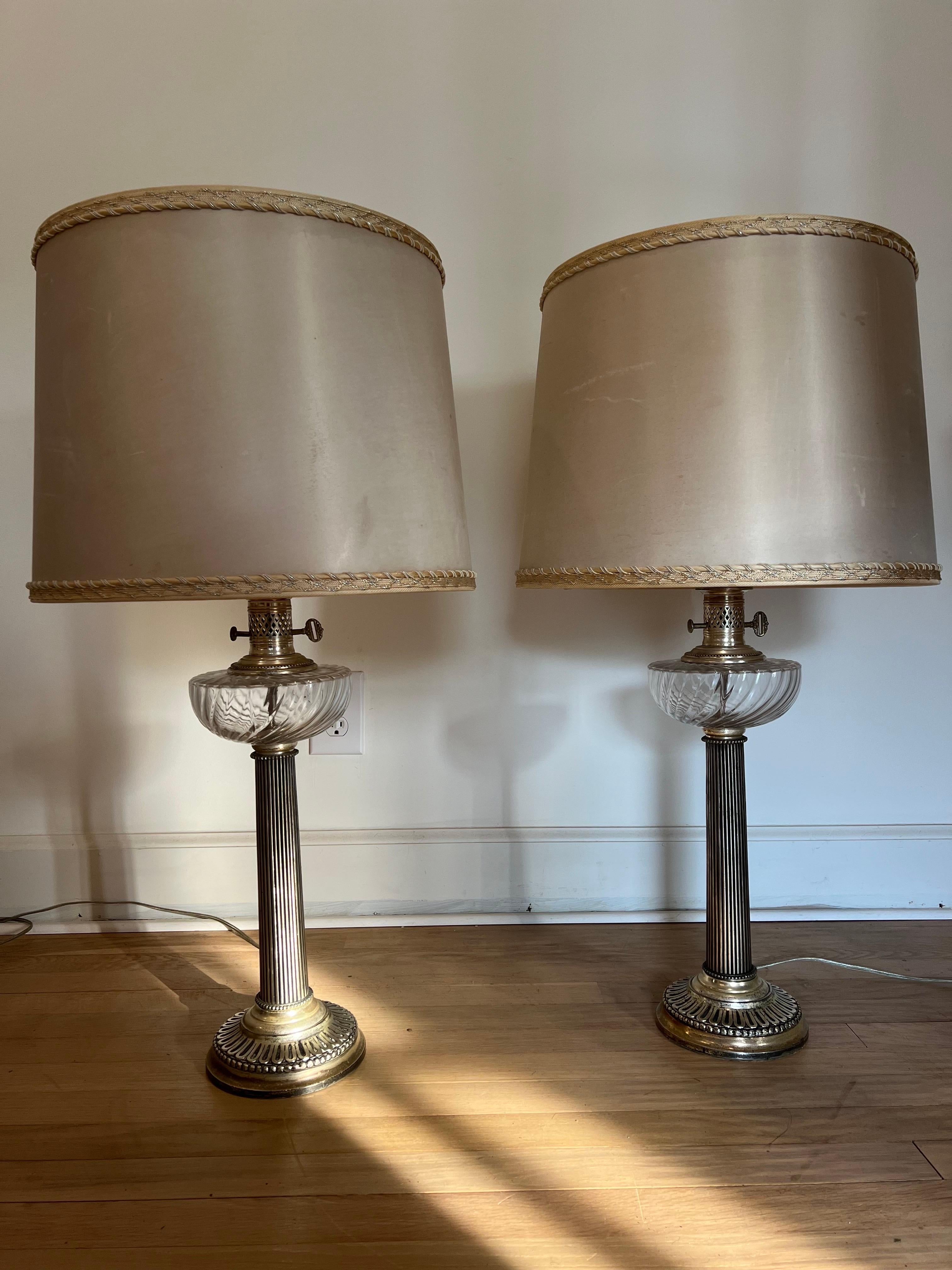 Pair of English Adam Silver Plated Empire Column Table Lamps For Sale 8
