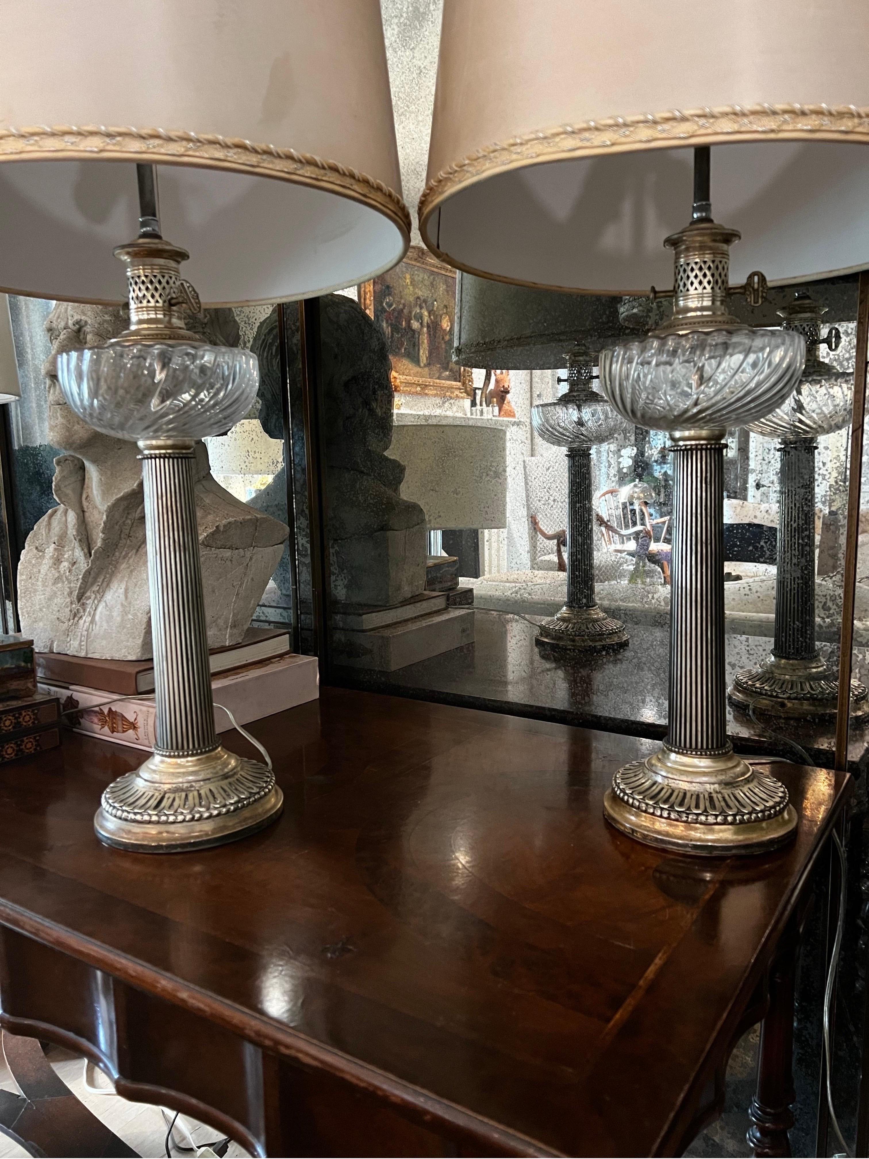 Pair of English Adam Silver Plated Empire Column Table Lamps In Good Condition For Sale In Los Angeles, CA