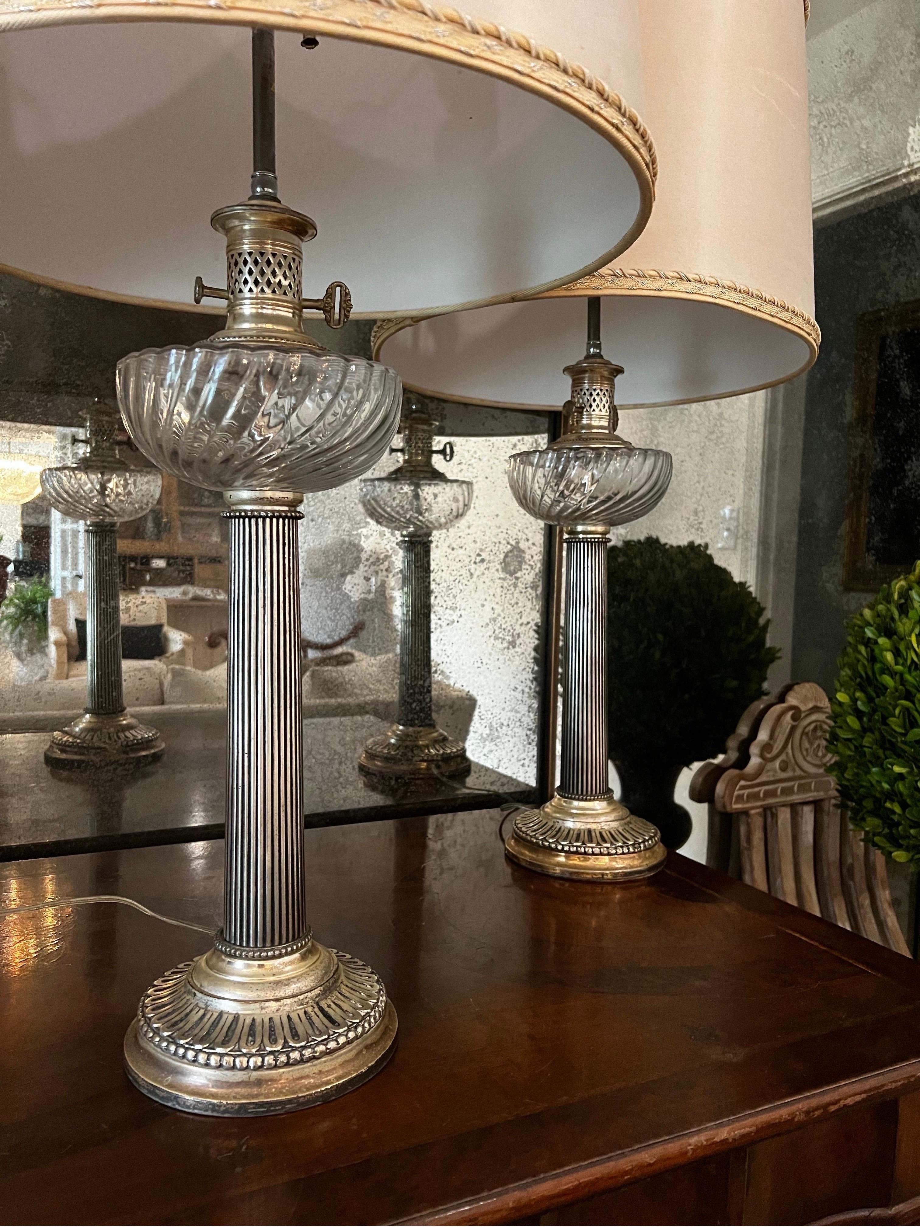 20th Century Pair of English Adam Silver Plated Empire Column Table Lamps For Sale