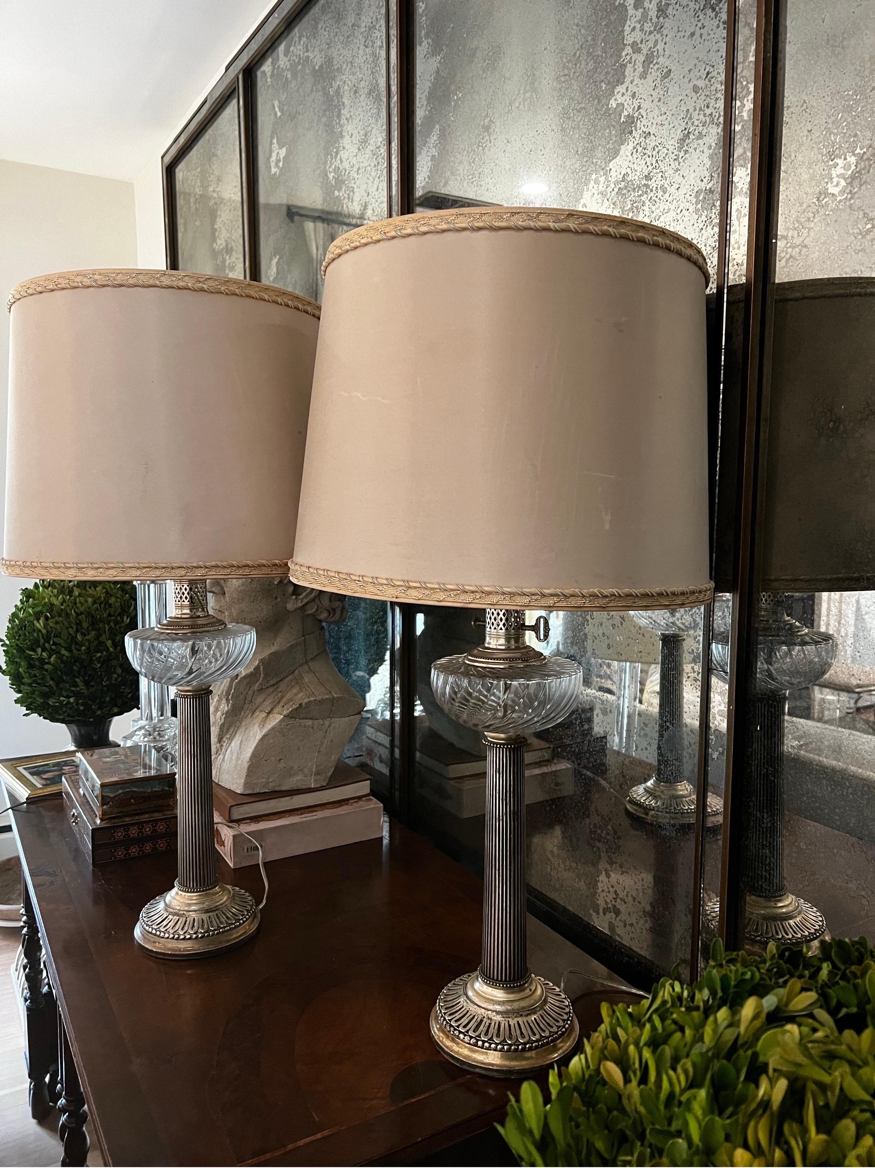 Pair of English Adam Silver Plated Empire Column Table Lamps For Sale 2