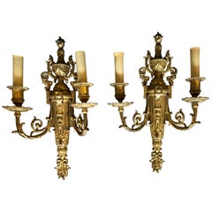 Antique Pair of English Adam Style Brass Dore Wall Sconces Two-Light Arms