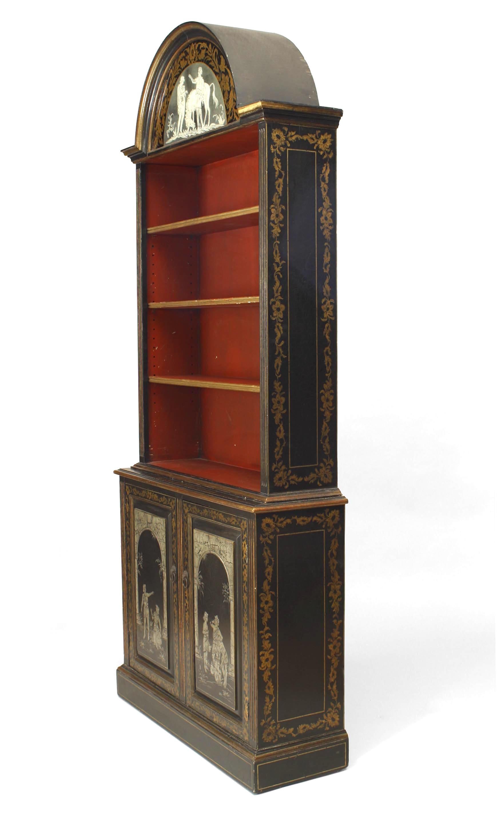 Pair of English Adam-style (20th Century) black lacquered and gilt trimmed Neo-classic bookcases with glass stenciled pediment top. (PRICED AS Pair)
