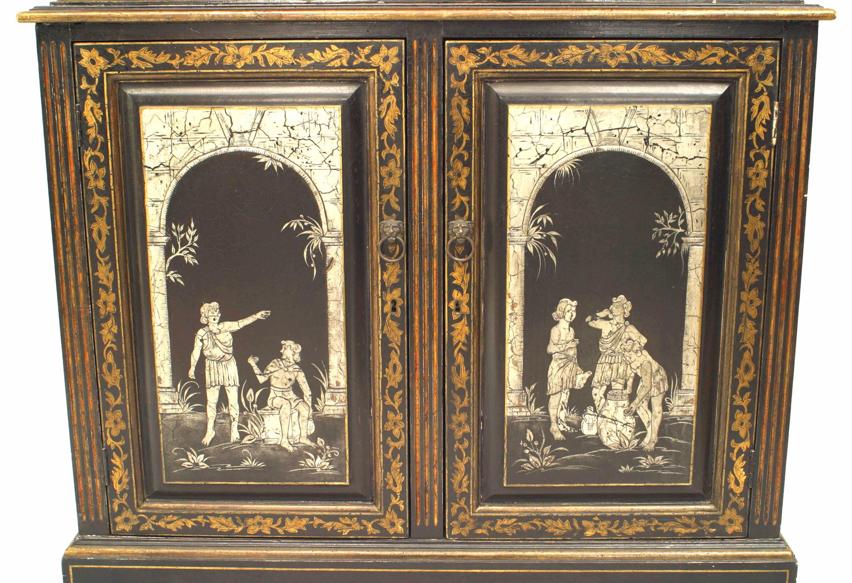 Neoclassical Pair of Adam Style Black Lacquered Bookcases For Sale