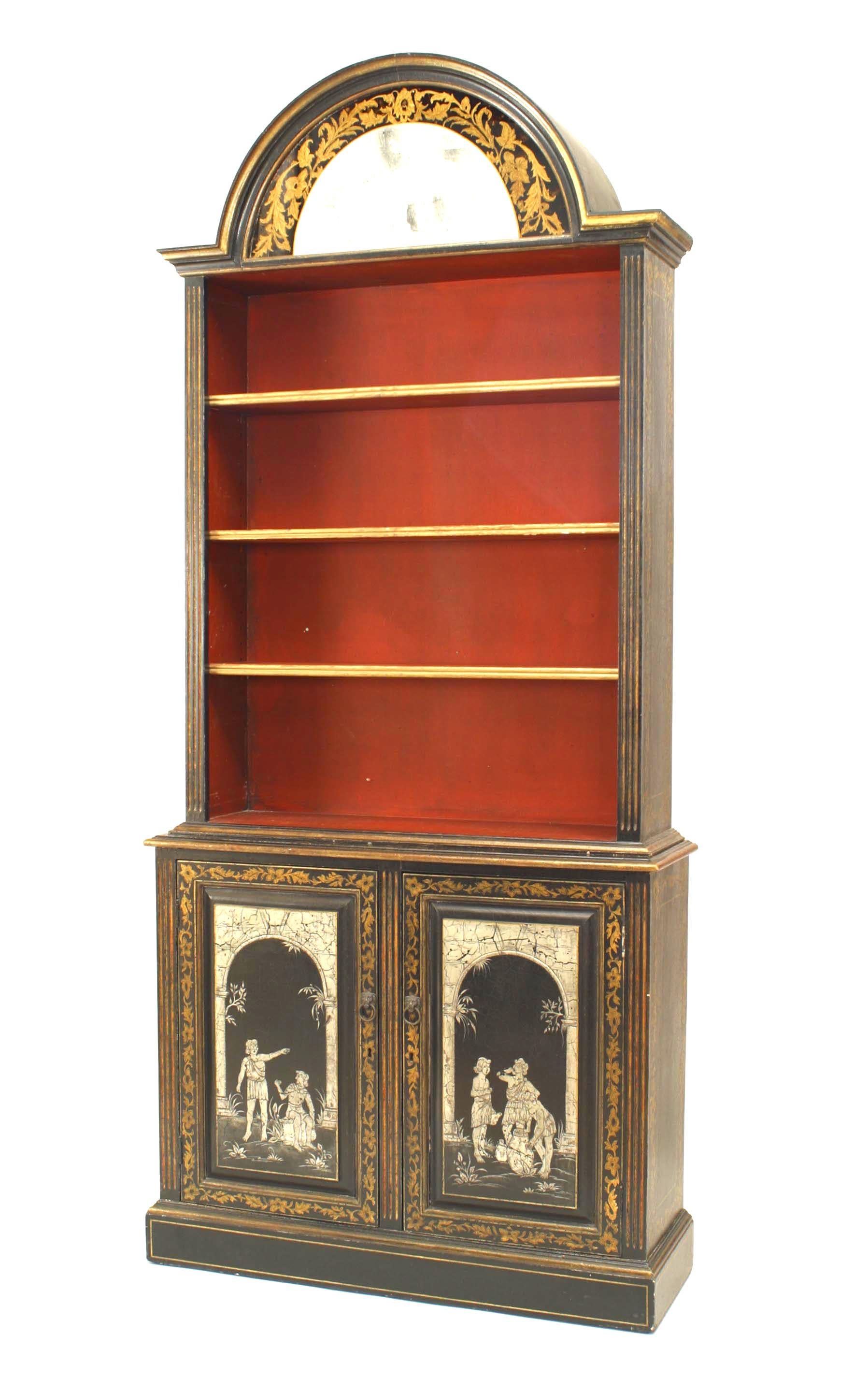 Gilt Pair of Adam Style Black Lacquered Bookcases For Sale