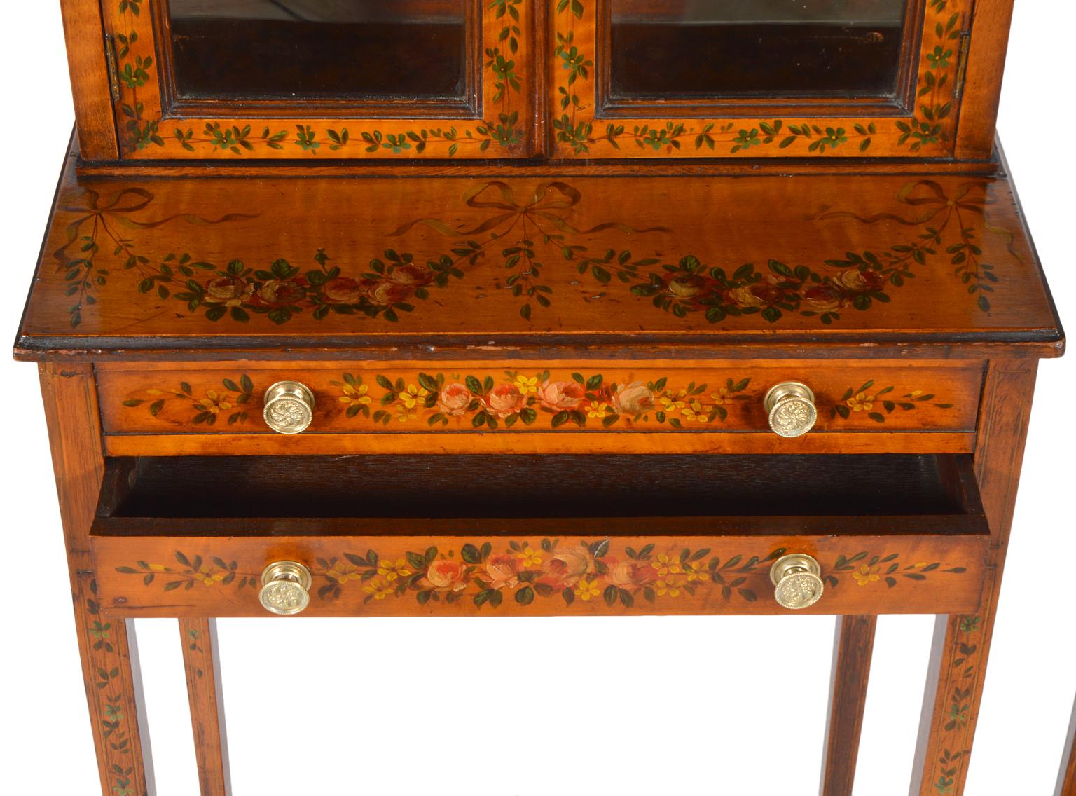 Brass Pair of English Adam Style Painted Satinwood Display Cabinets en Chiffonier