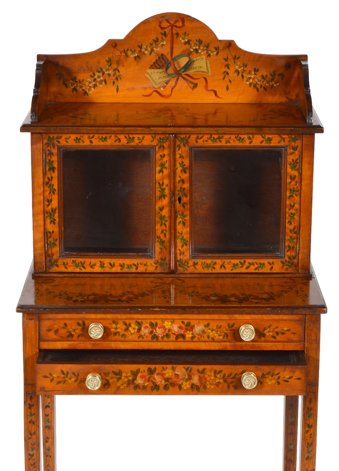 Pair of English Adam Style Painted Satinwood Display Cabinets en Chiffonier 1