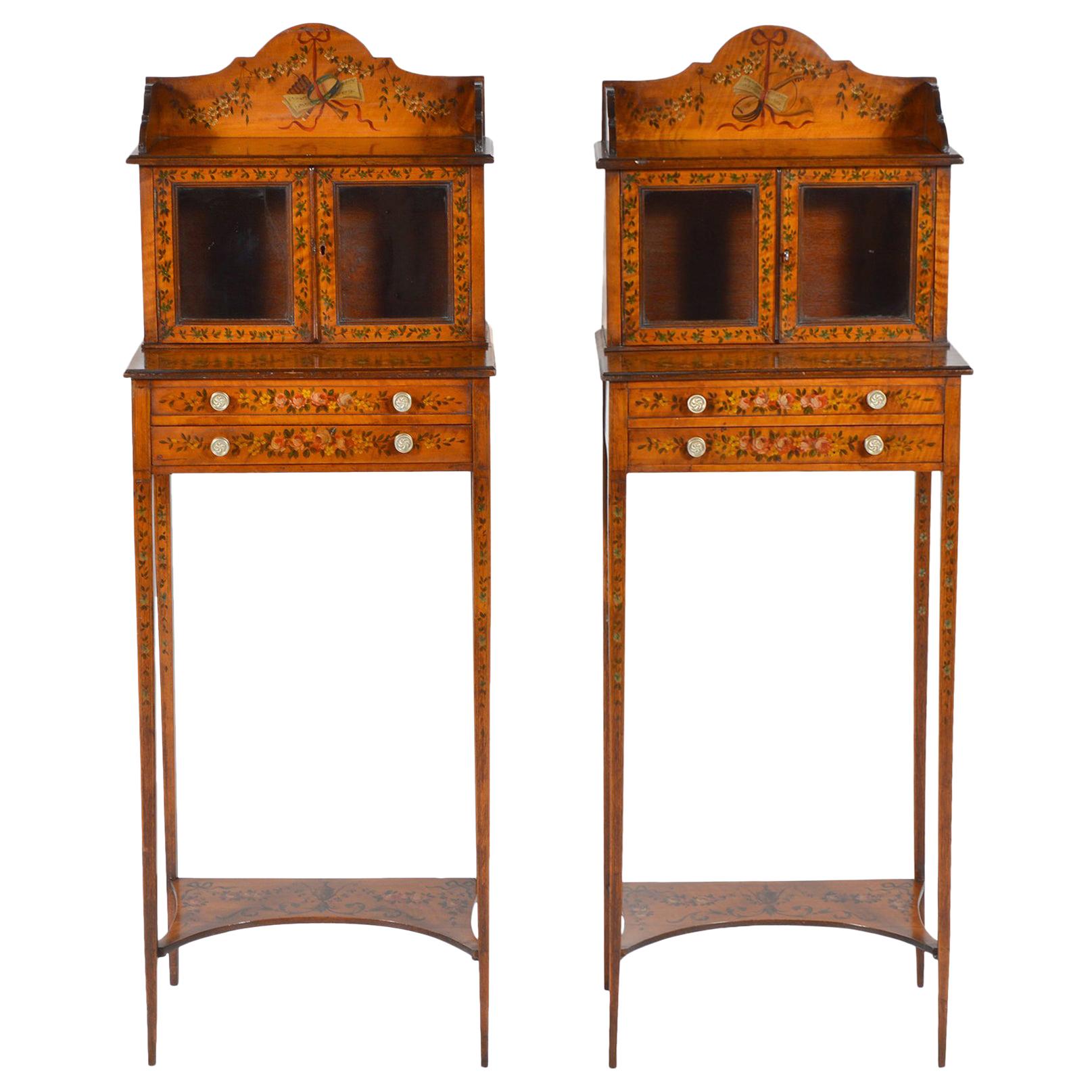 Pair of English Adam Style Painted Satinwood Display Cabinets en Chiffonier