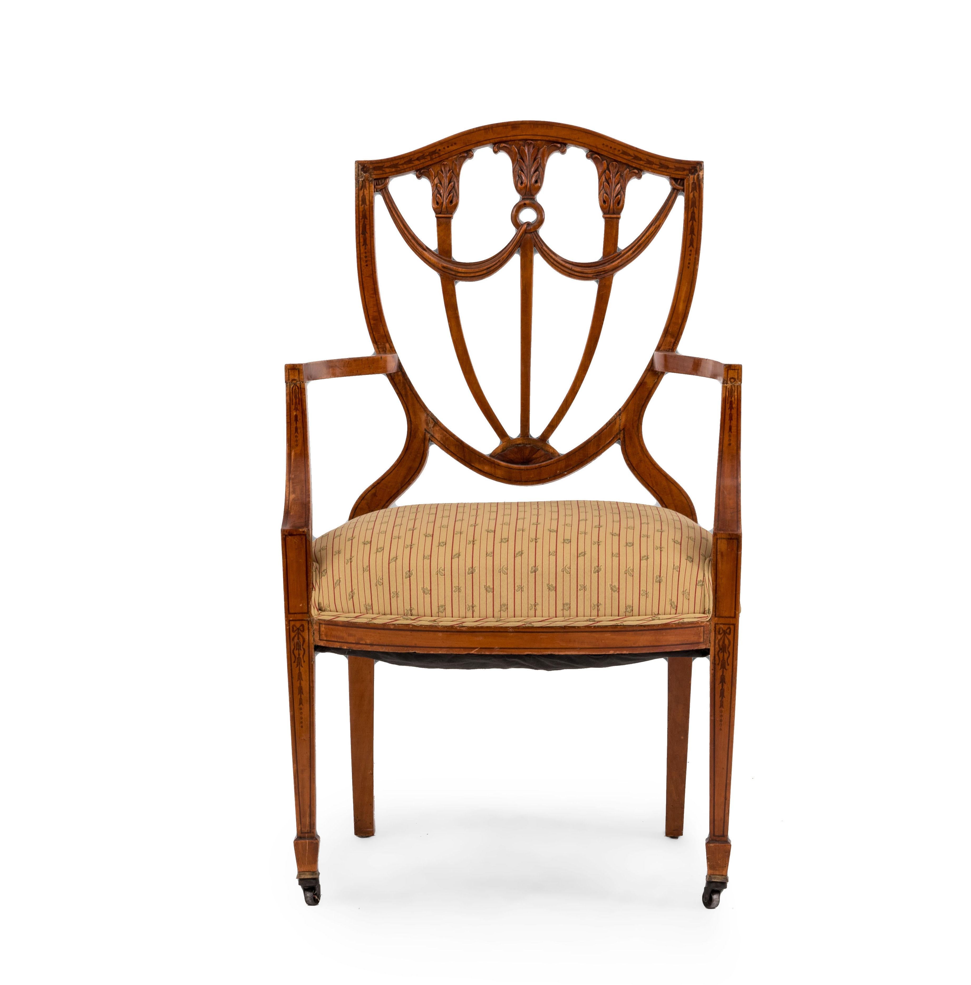 Pair of English Adam style satinwood shield-back Armchairs. (Related item: 030011A)
