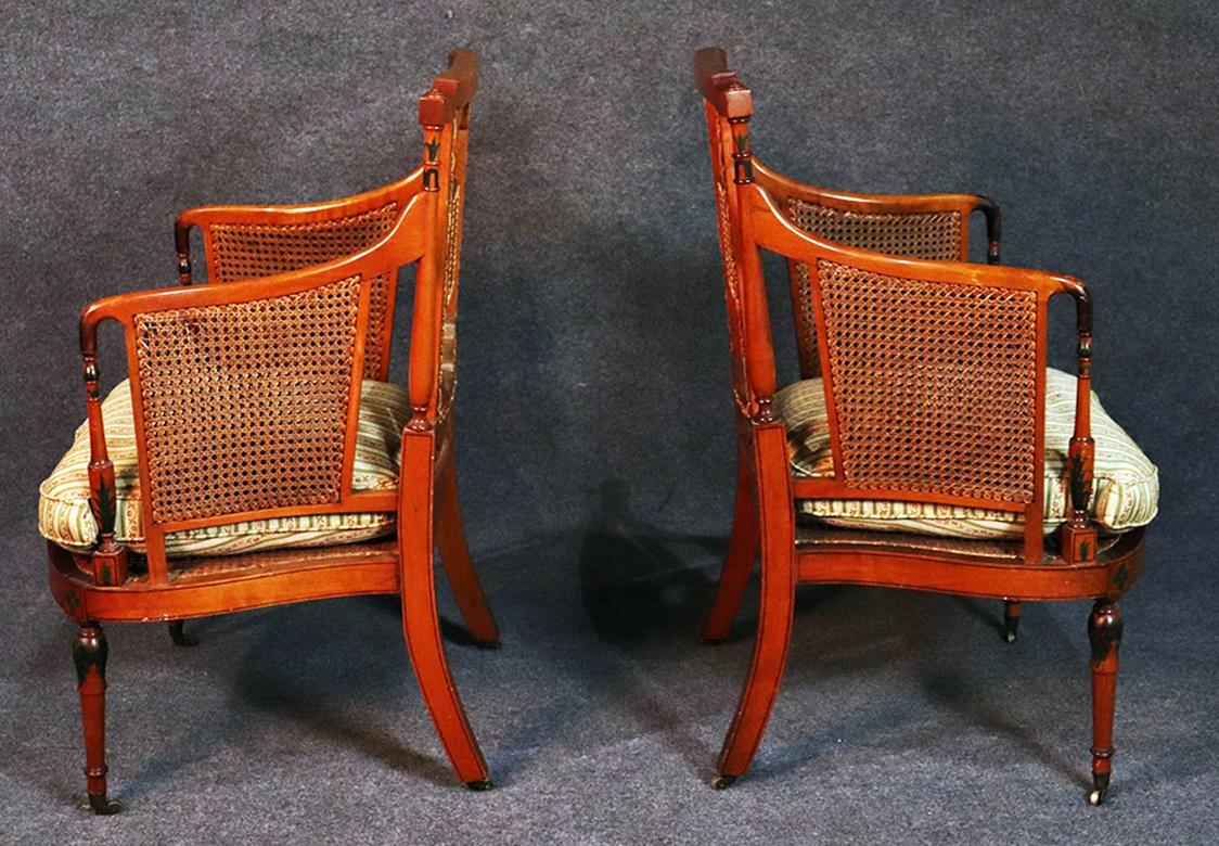 Adam Style Pair of English Adams Style Cane Back Paint Decorated Club Chairs