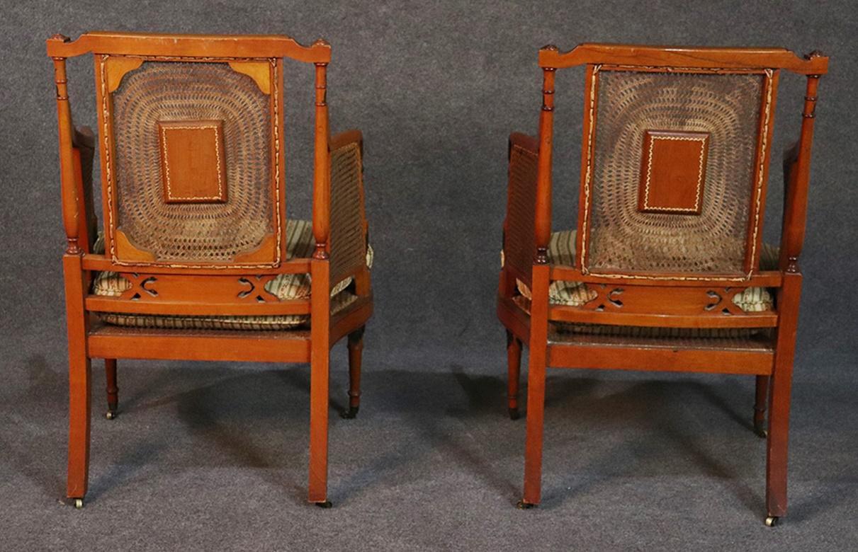 Painted Pair of English Adams Style Cane Back Paint Decorated Club Chairs
