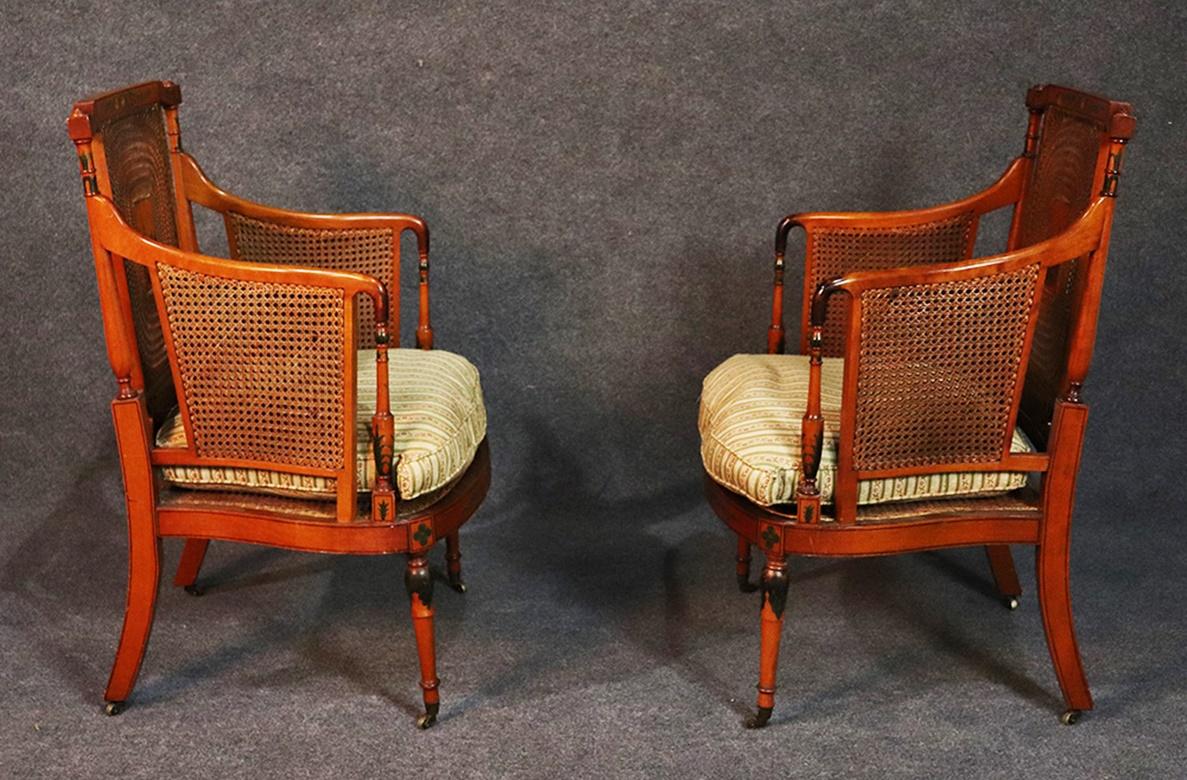 Pair of English Adams Style Cane Back Paint Decorated Club Chairs In Good Condition In Swedesboro, NJ