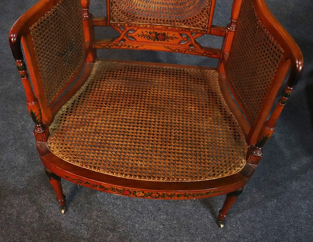 Metal Pair of English Adams Style Cane Back Paint Decorated Club Chairs