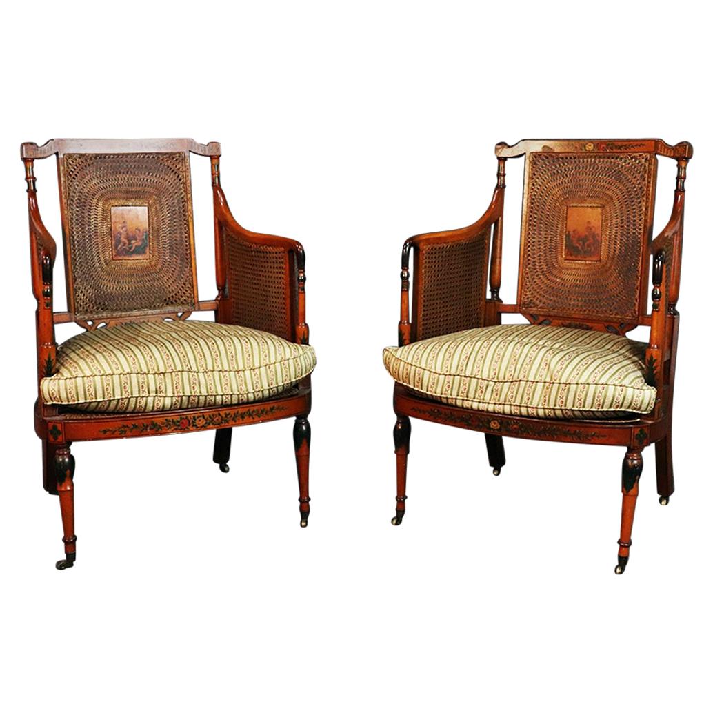 Pair of English Adams Style Cane Back Paint Decorated Club Chairs