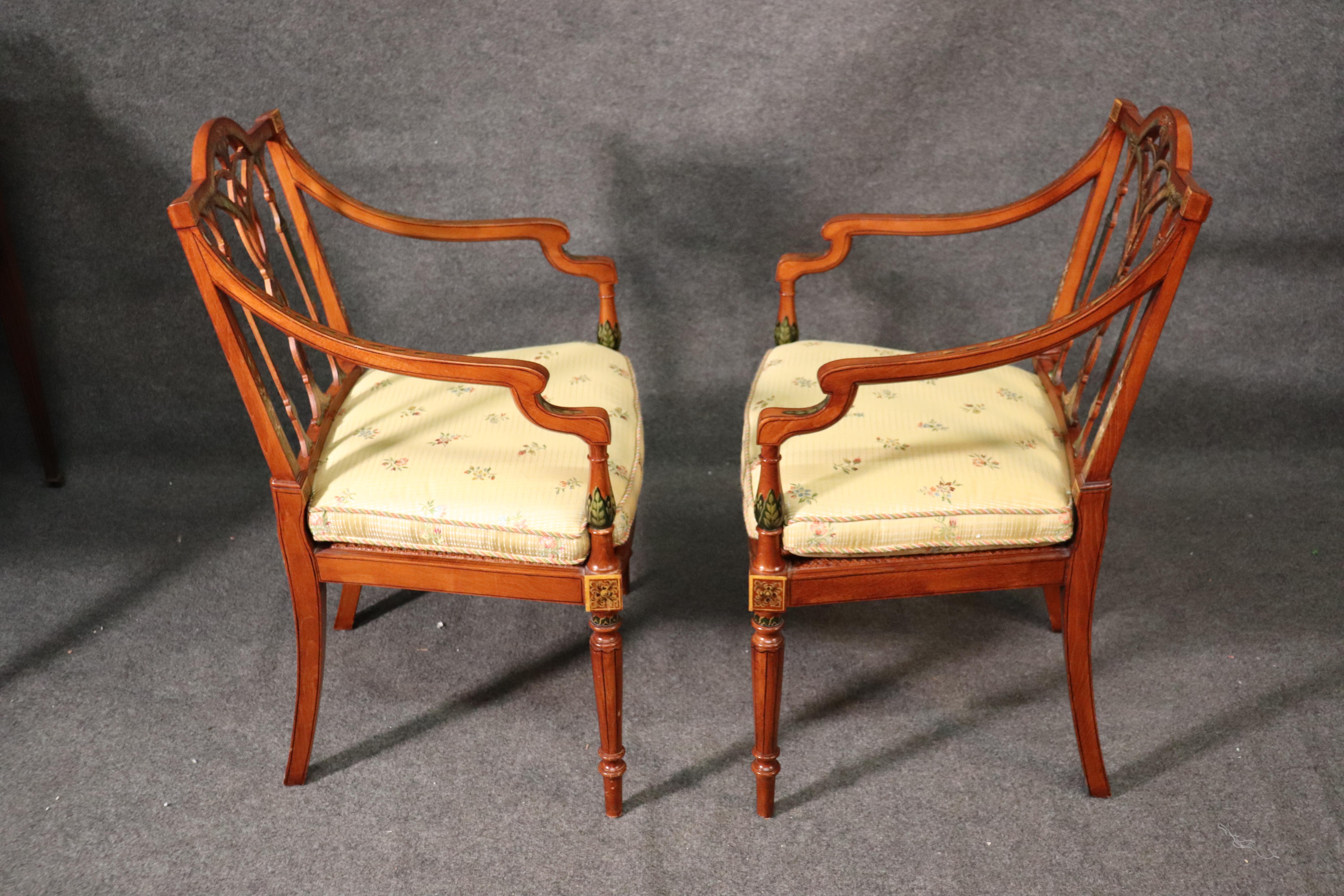 Pair of English Adams Style Satinwood Paint Decorated Cane Seat Armchairs For Sale 6