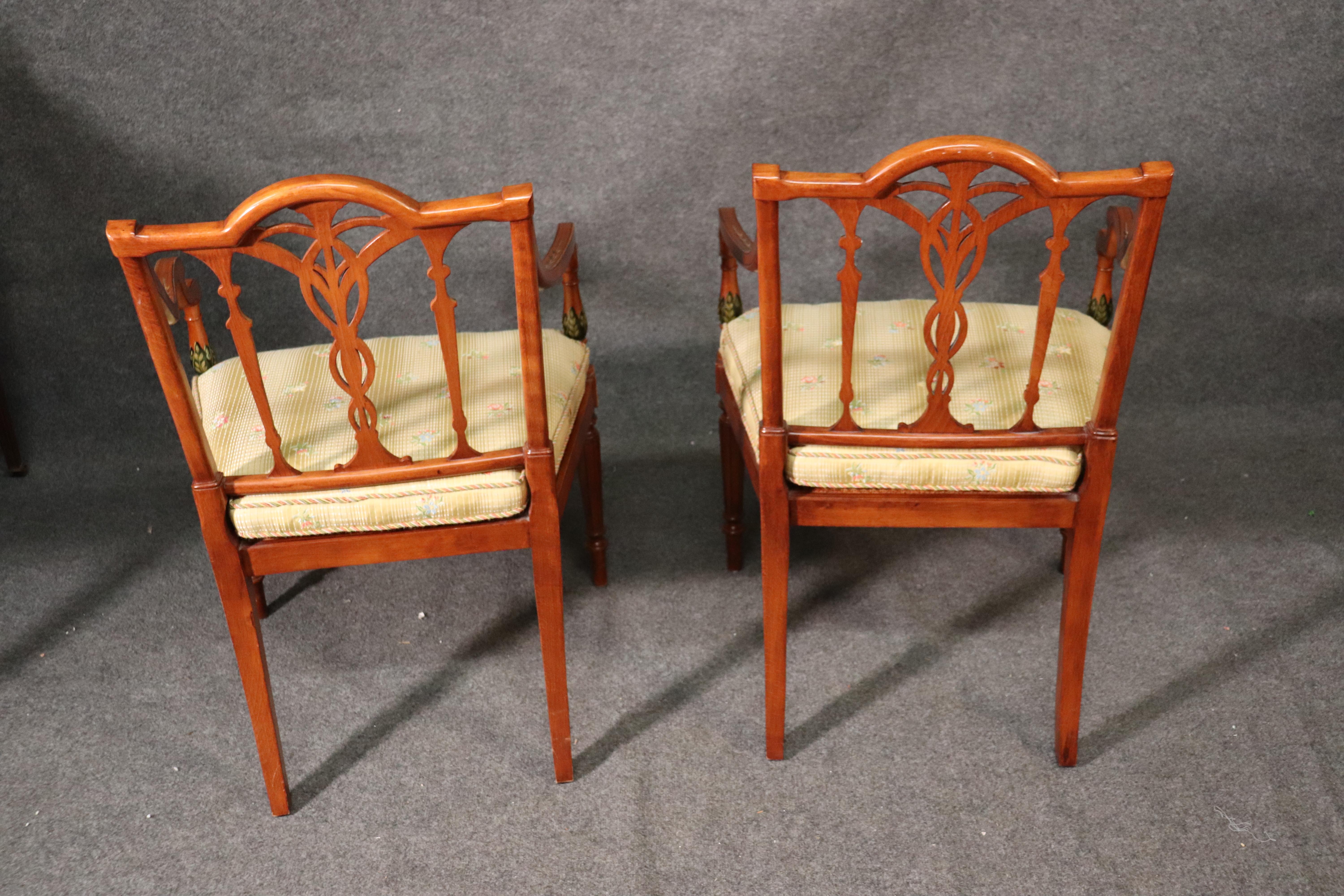 Pair of English Adams Style Satinwood Paint Decorated Cane Seat Armchairs For Sale 7