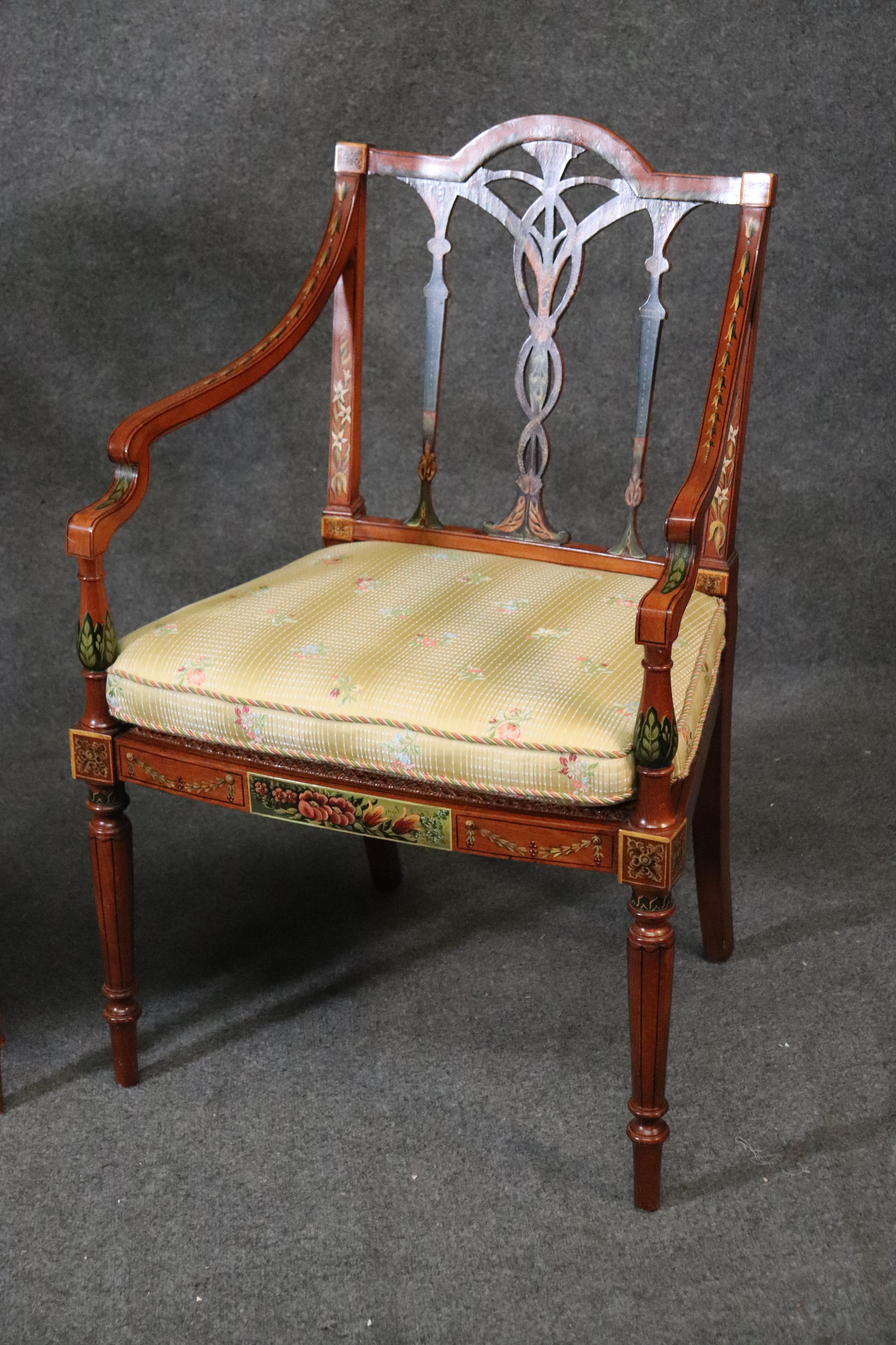 These gorgeous chairs measure: 37 inches tall x 25 inches wide x 22 deep and the seat height is 20 inches. These chairs are in good condition and feature painted snakes and other beautiful designs. The cane seats are very clean and free of damage.