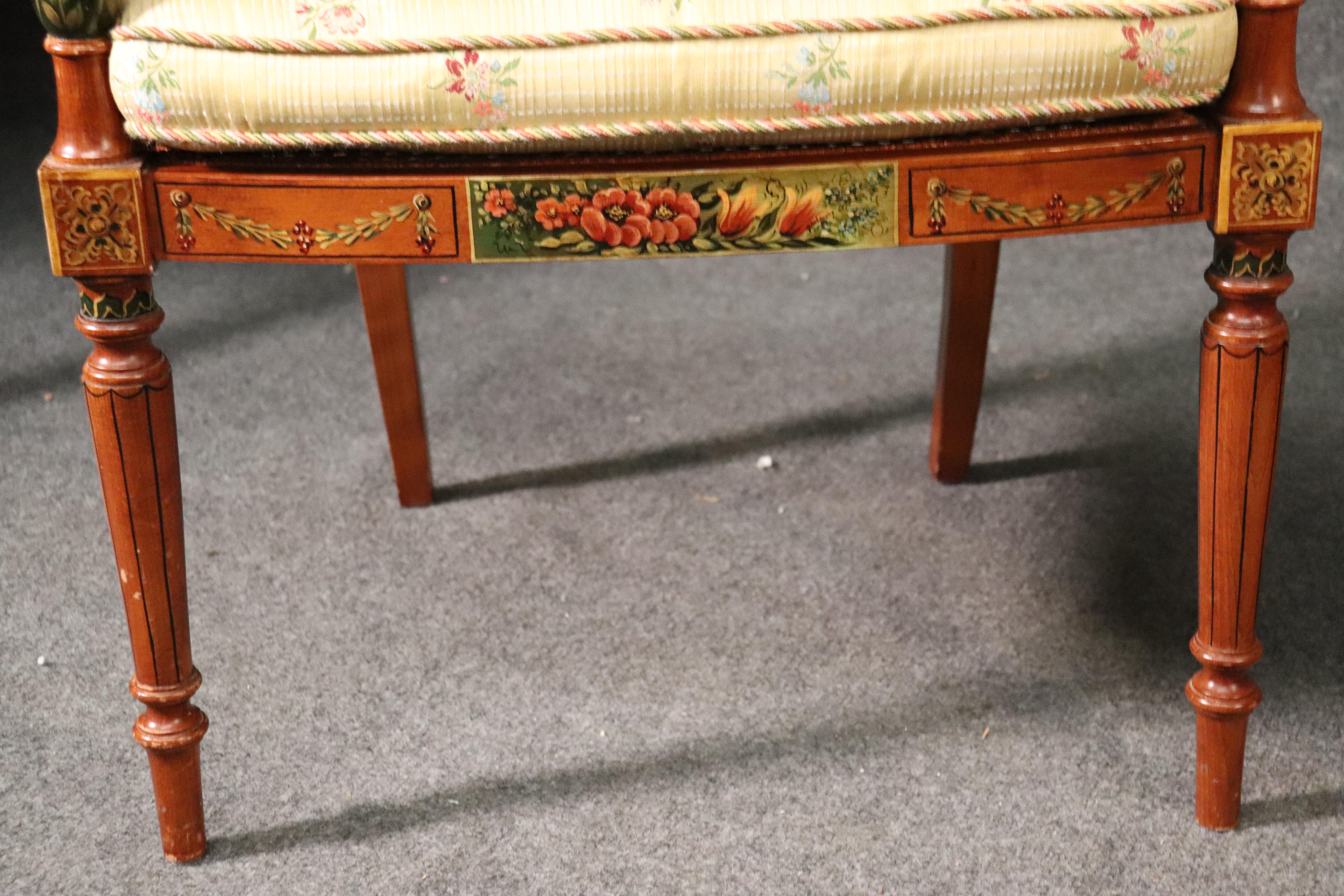 Pair of English Adams Style Satinwood Paint Decorated Cane Seat Armchairs In Good Condition For Sale In Swedesboro, NJ