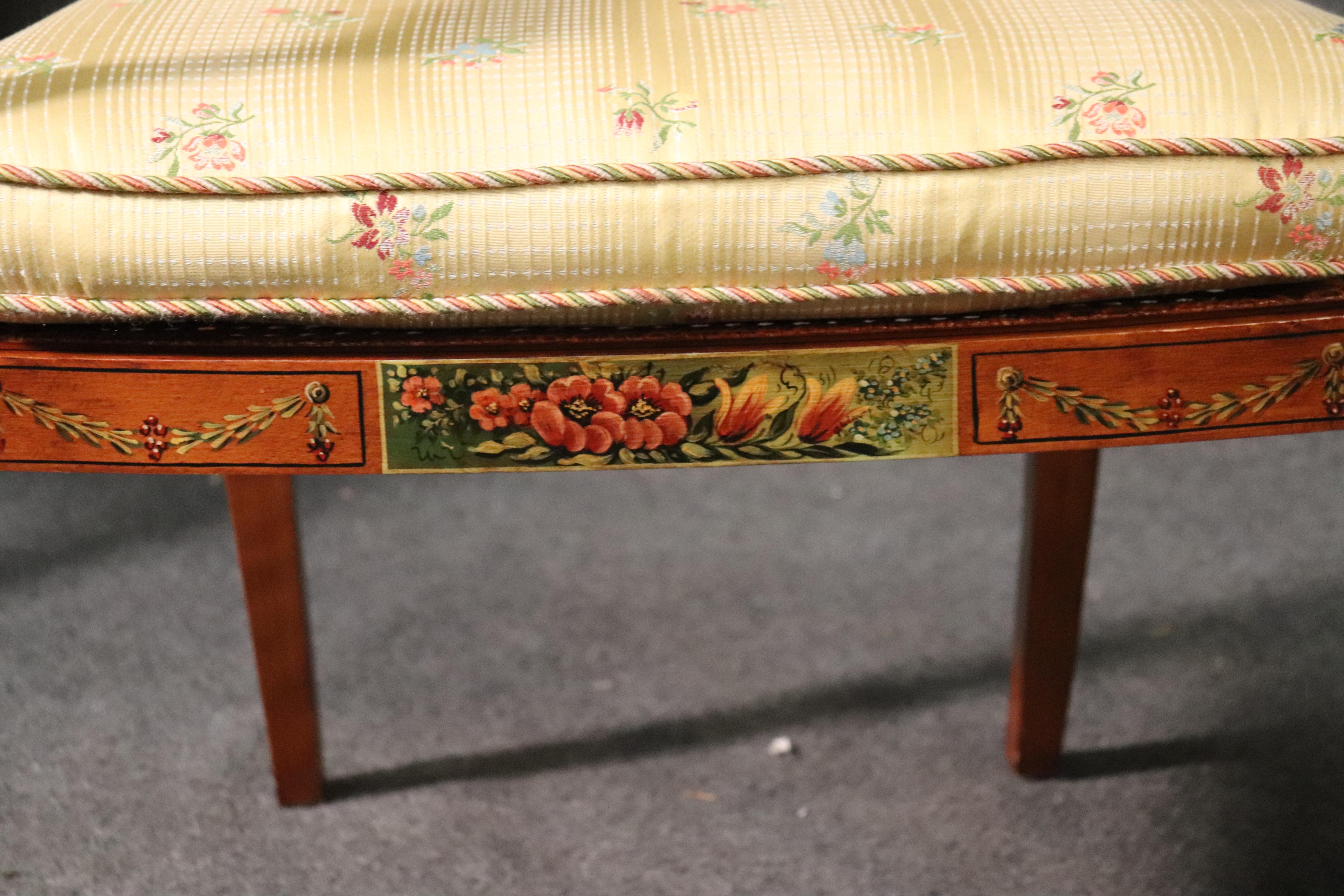 Late 20th Century Pair of English Adams Style Satinwood Paint Decorated Cane Seat Armchairs For Sale