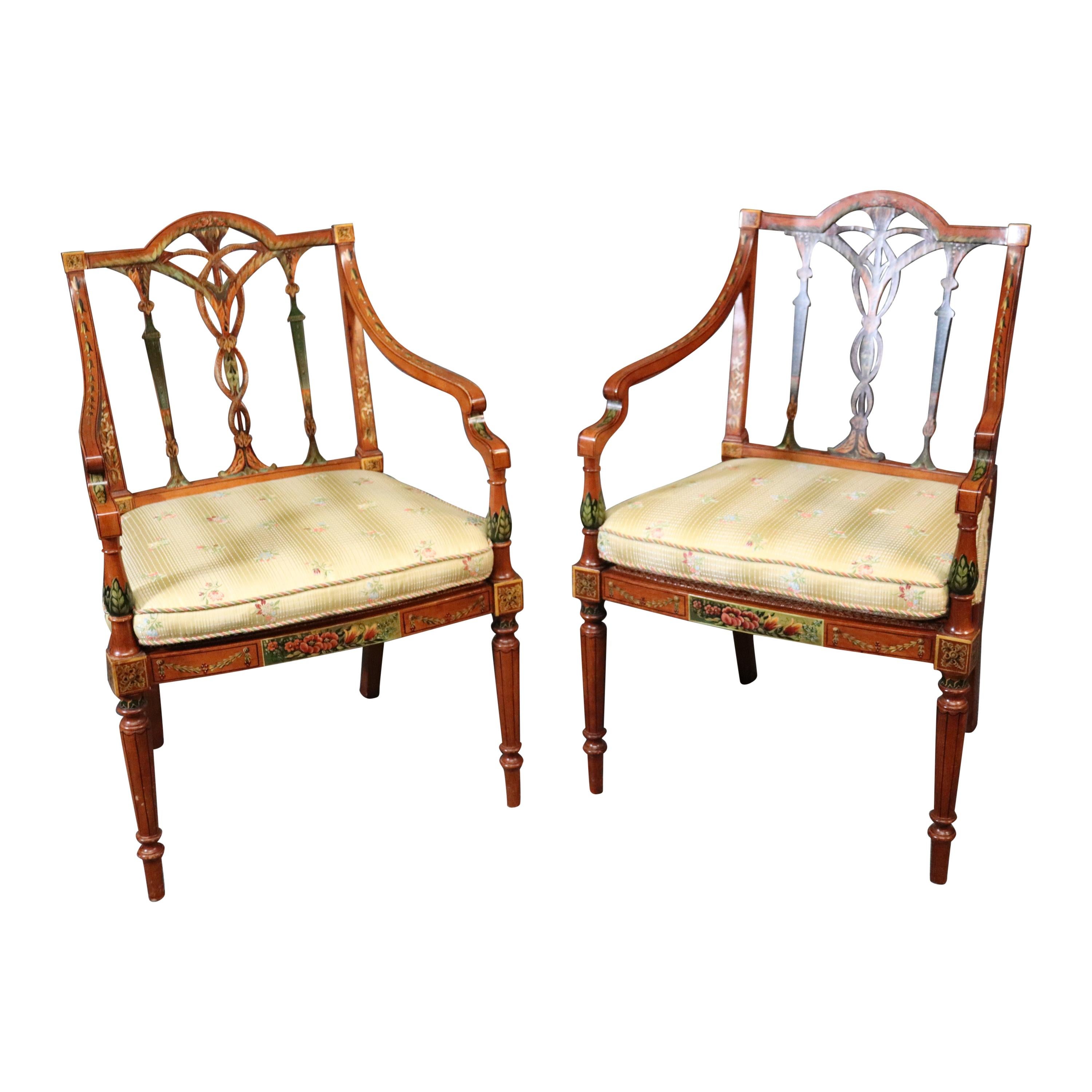 Pair of English Adams Style Satinwood Paint Decorated Cane Seat Armchairs For Sale