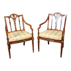 Vintage Pair of English Adams Style Satinwood Paint Decorated Cane Seat Armchairs