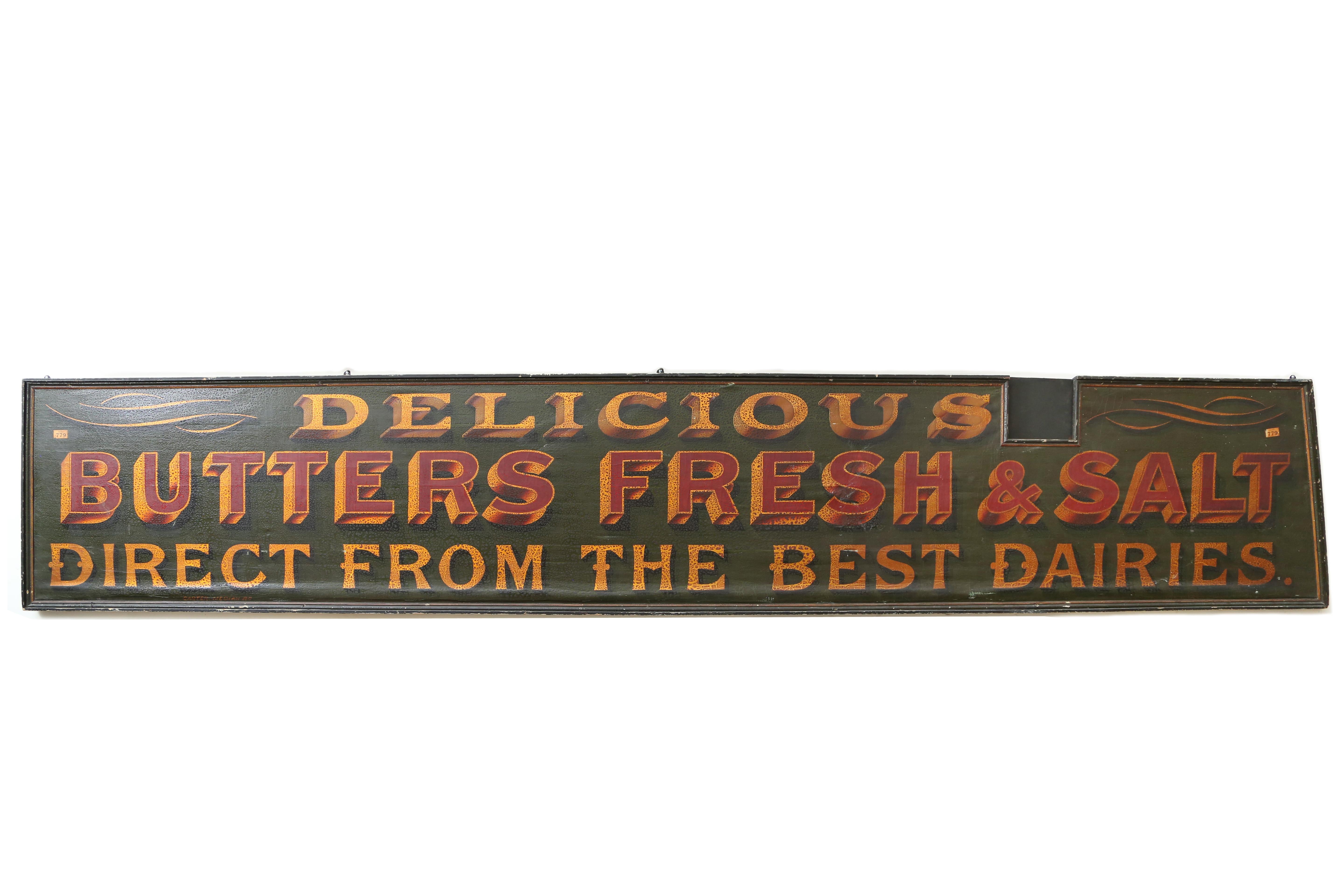 Pair of long late 19th century English advertising signs, probably from a type of market. They have quite a bit of graphic pop having the dark green background with bold lettering in red and gold.
The 
