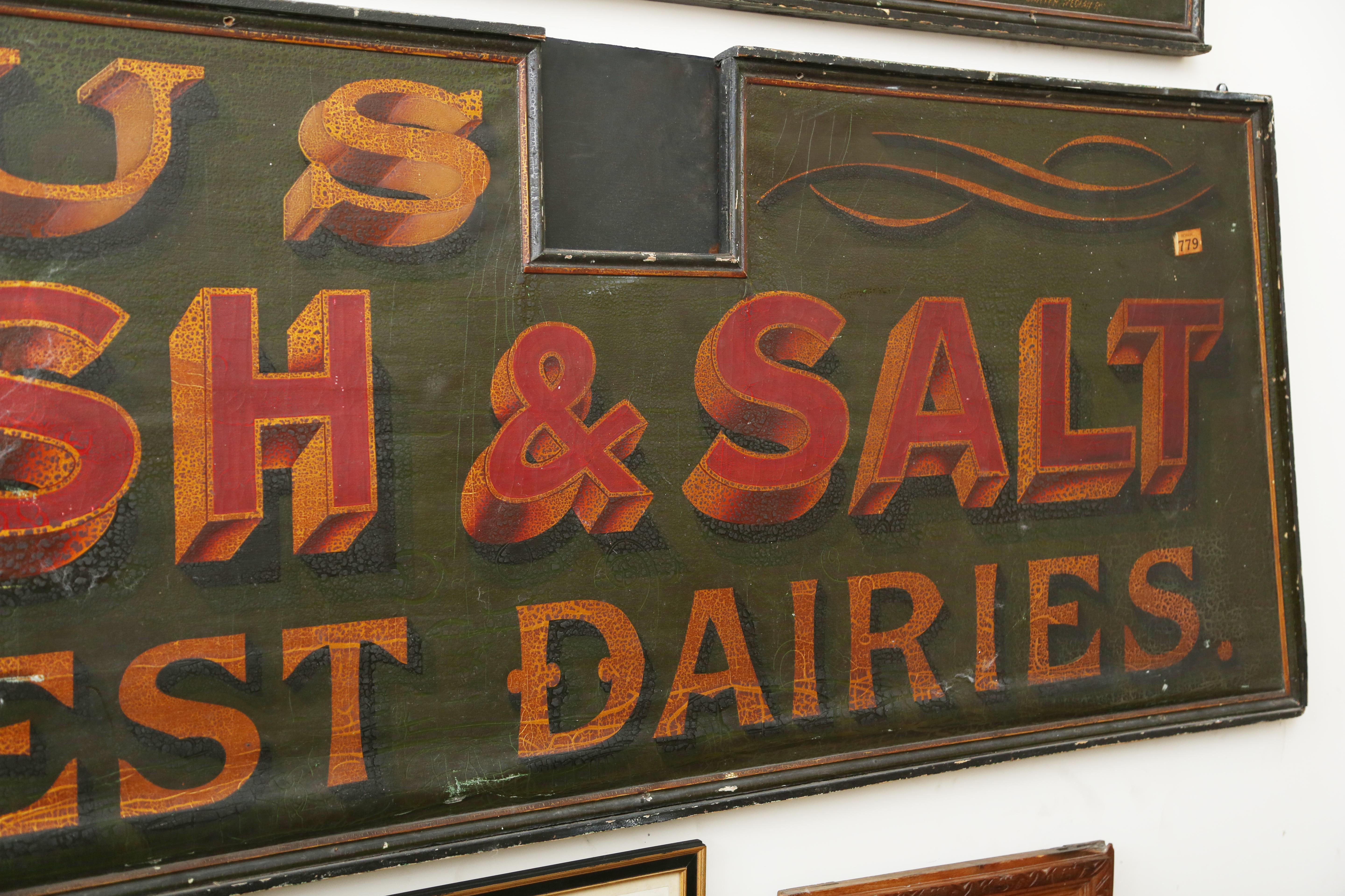 A Pair of English Advertising Signs Hand Done in Green, Red & Gold, 19th Century In Good Condition For Sale In West Palm Beach, FL
