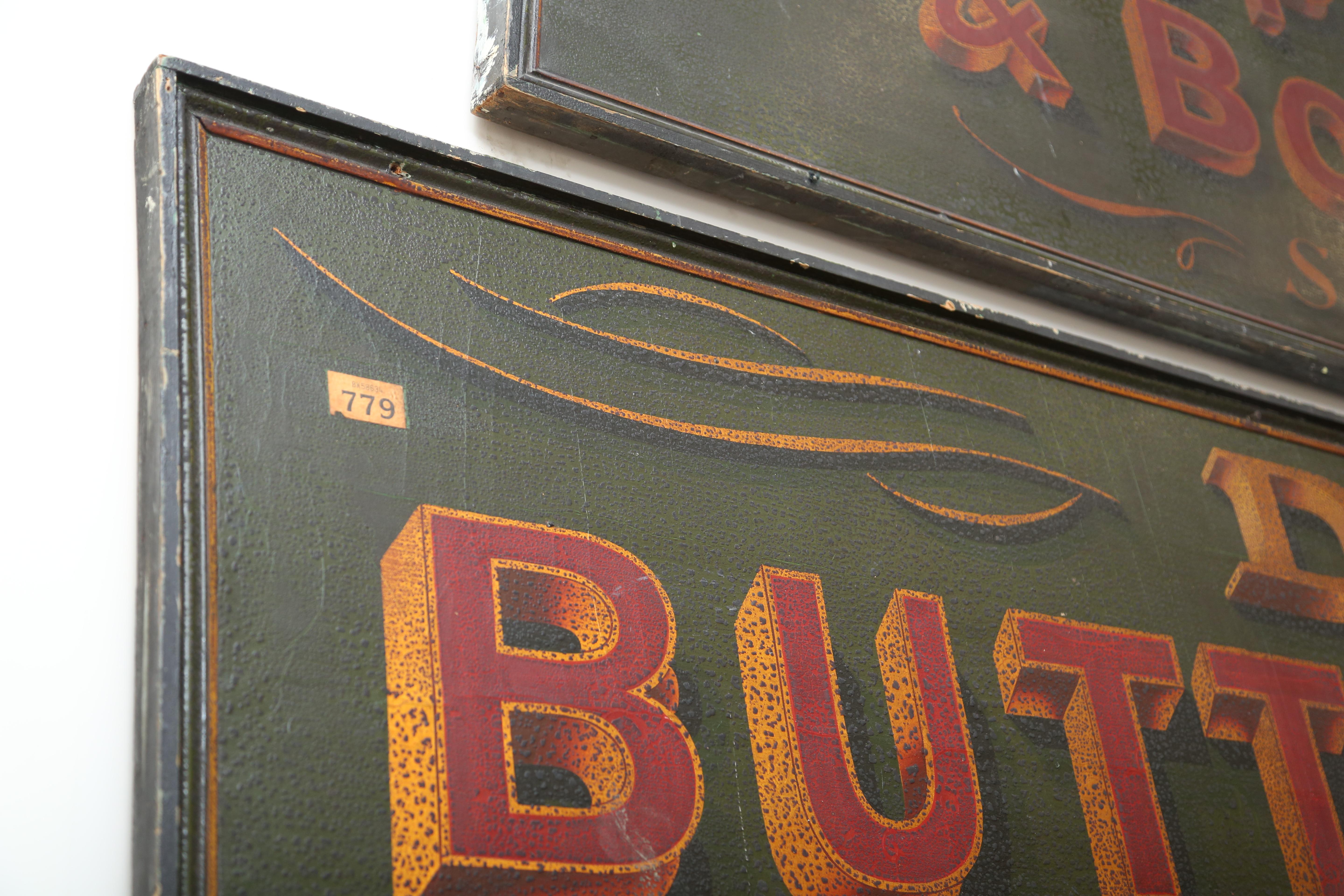 Canvas A Pair of English Advertising Signs Hand Done in Green, Red & Gold, 19th Century For Sale