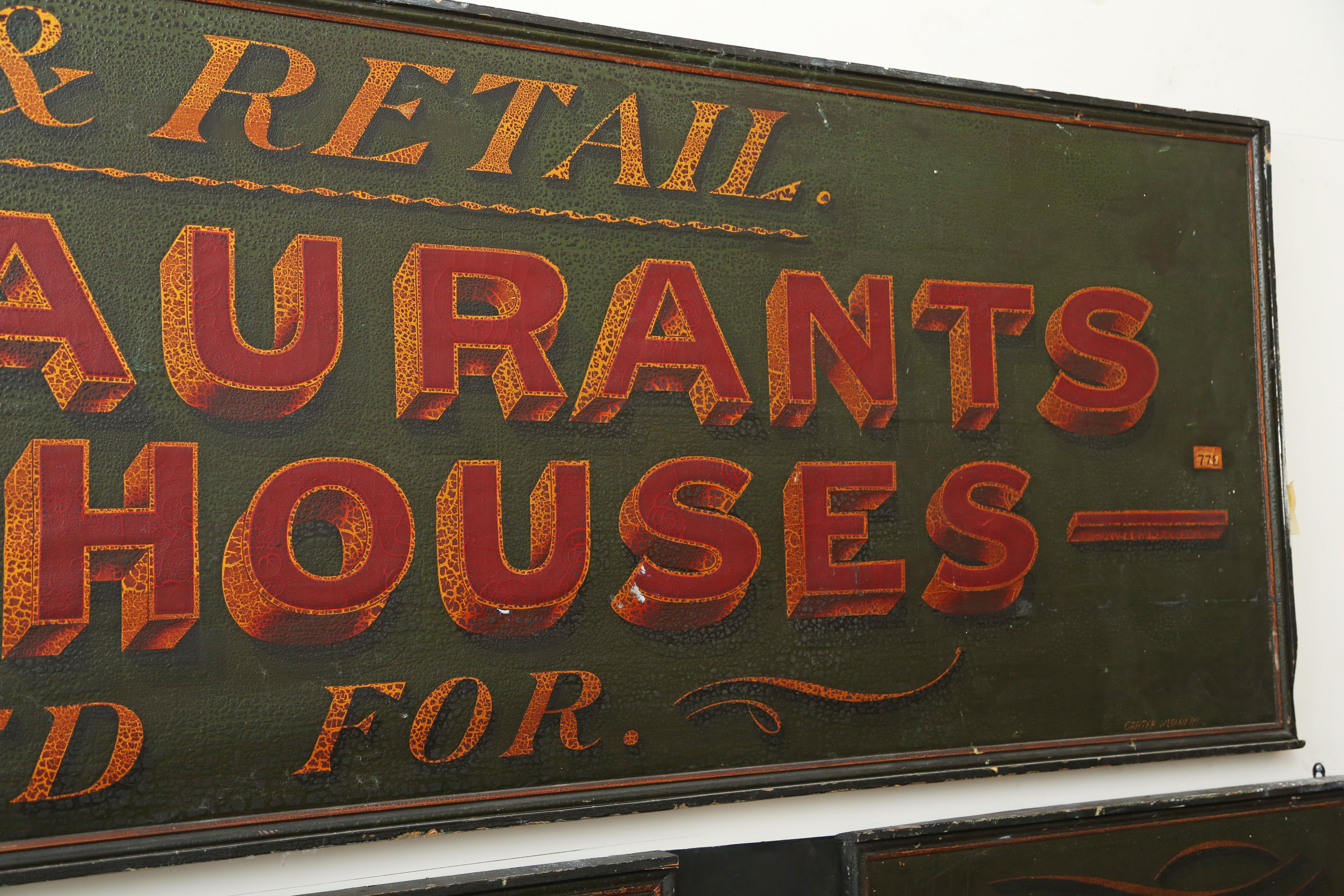A Pair of English Advertising Signs Hand Done in Green, Red & Gold, 19th Century For Sale 3