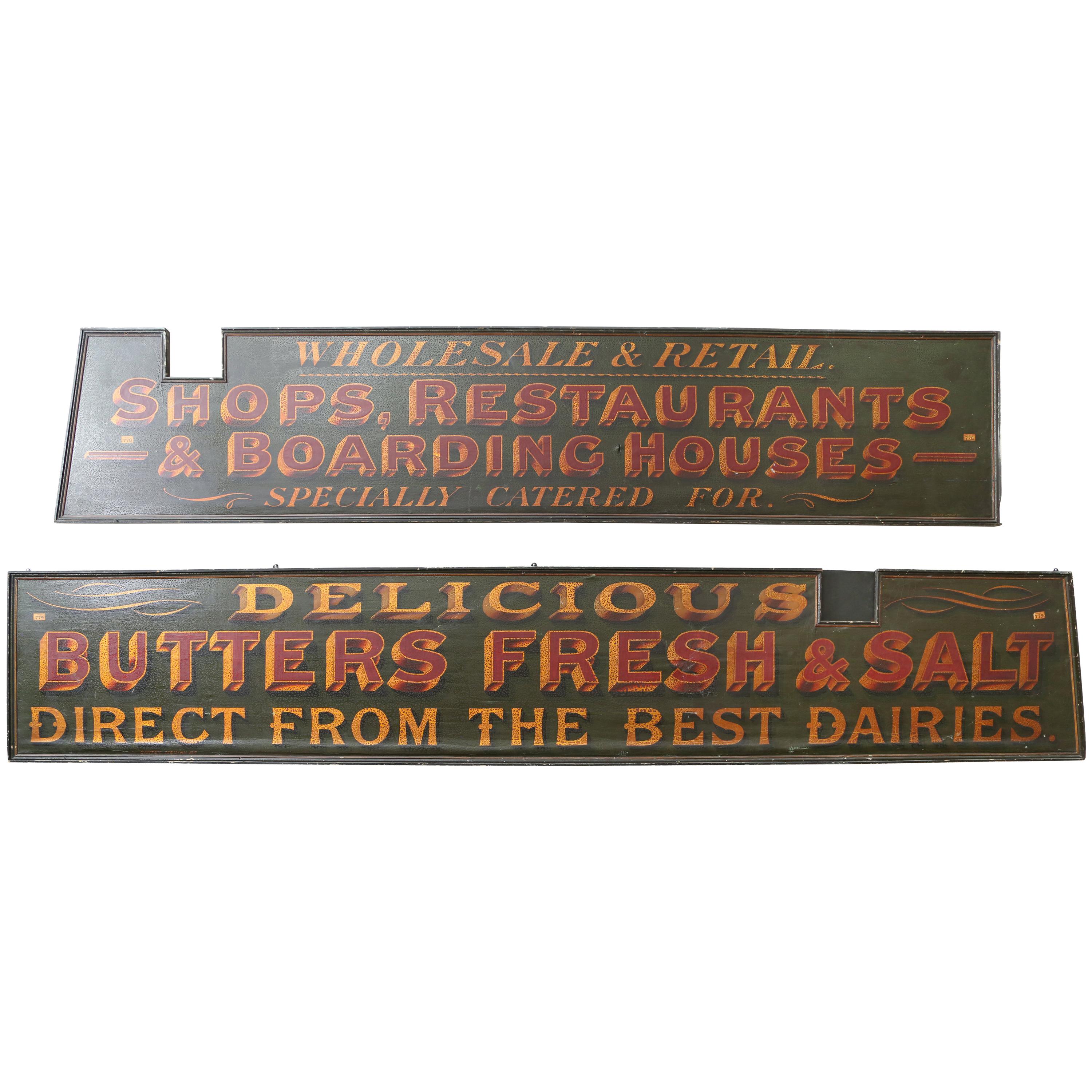 A Pair of English Advertising Signs Hand Done in Green, Red & Gold, 19th Century For Sale