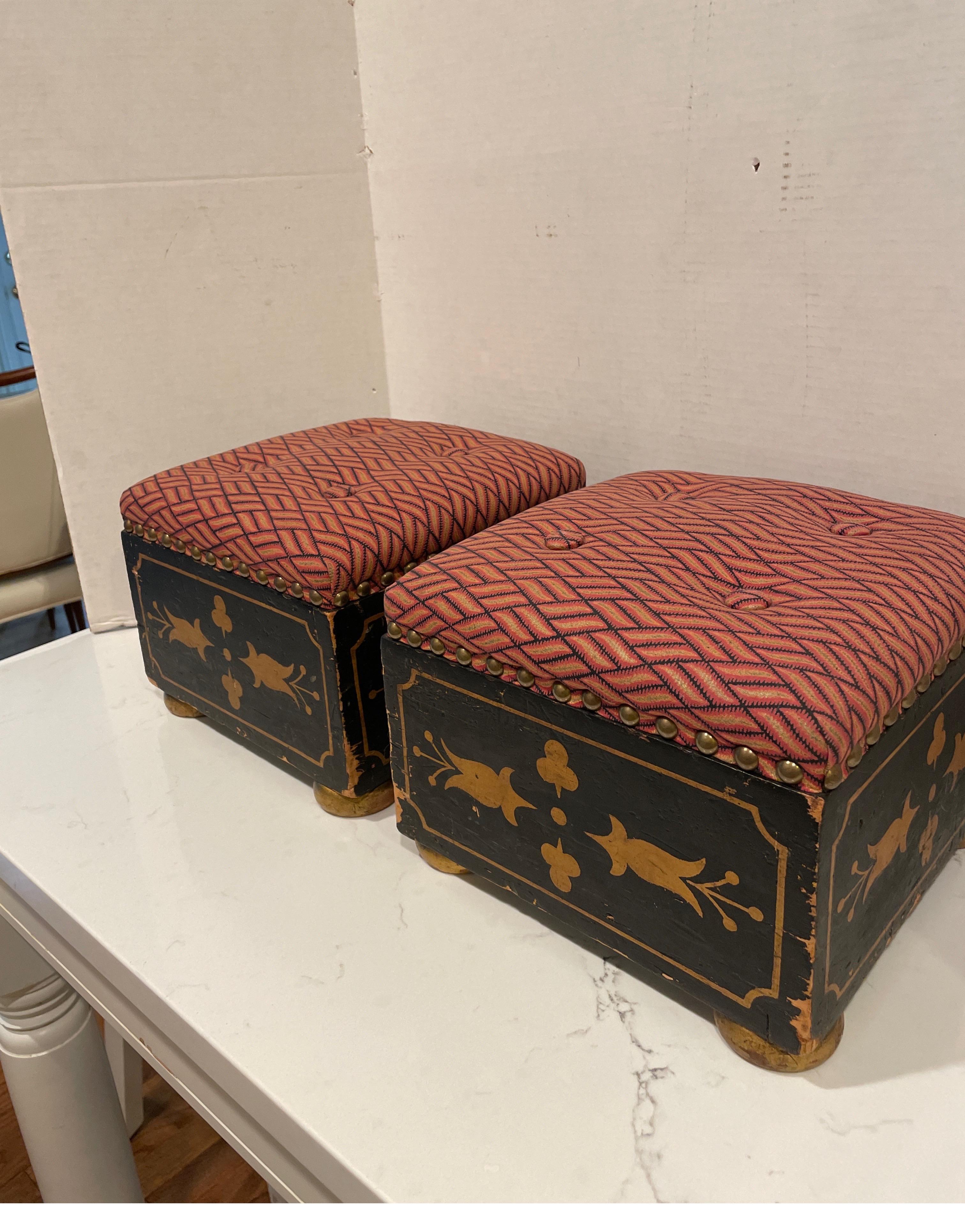 A pair of English aesthetic footstools. Ebonite’s wood with gilt stenciling. 1860s.