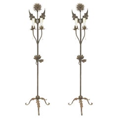 Pair of English Aesthetic Wrought Iron Floral Floor Lamps