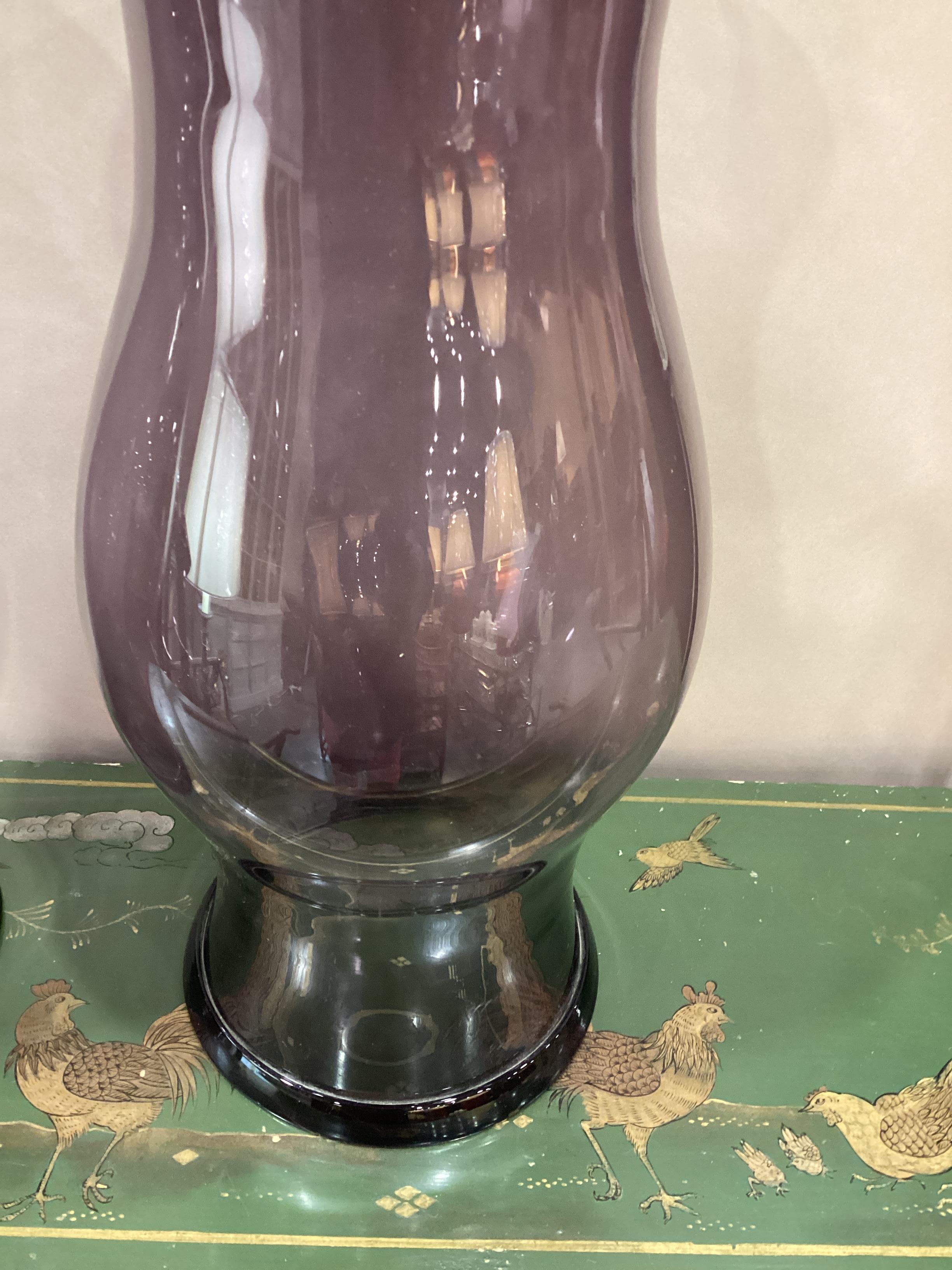 Pair of English Amethyst - Colored Glass Hurricanes. Perfect for a sideboard with a simple pair of candlesticks.