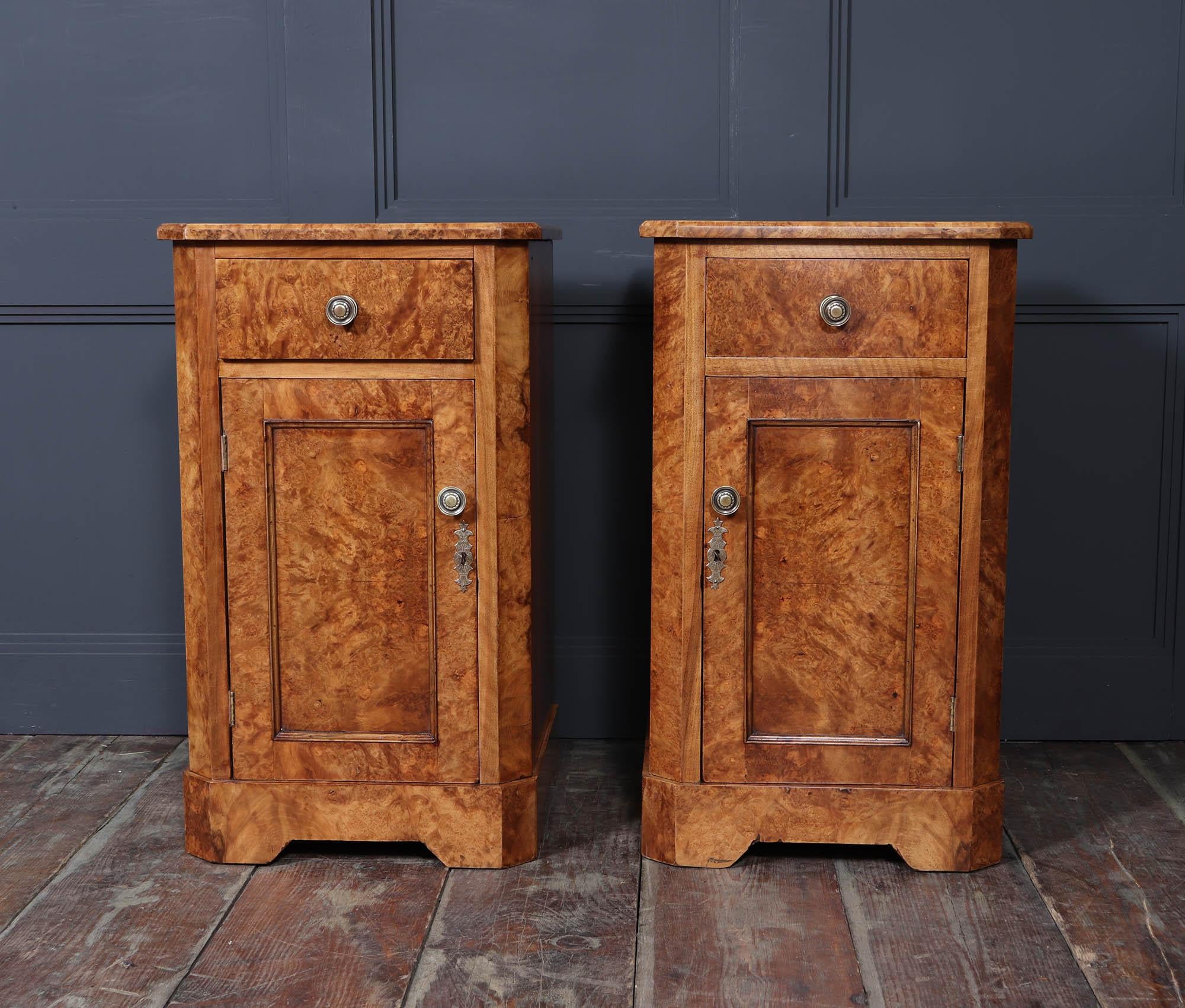 Pair of English Antique Burr Walnut Bedside Cabinets For Sale 7