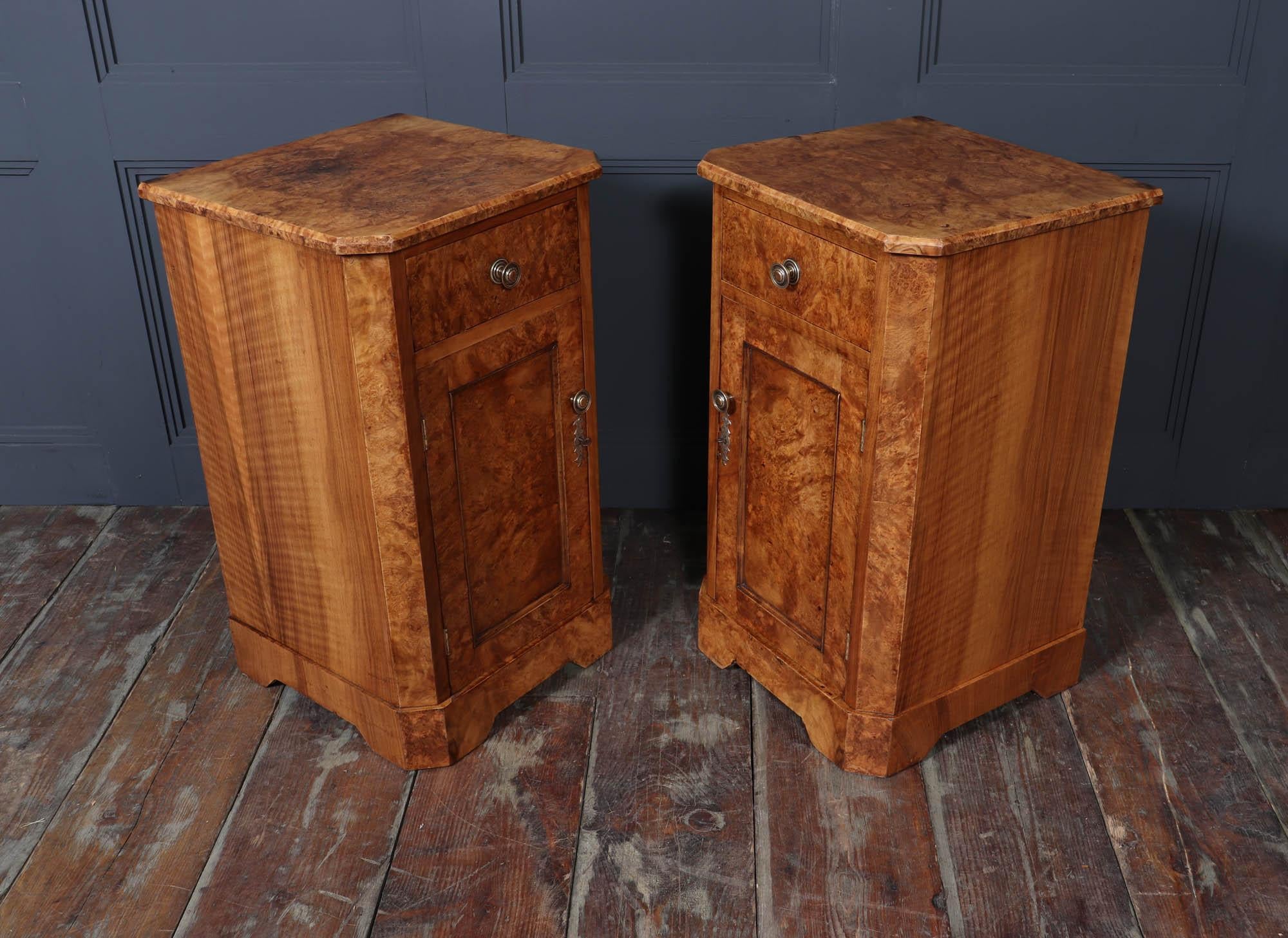 Pair of English Antique Burr Walnut Bedside Cabinets For Sale 4
