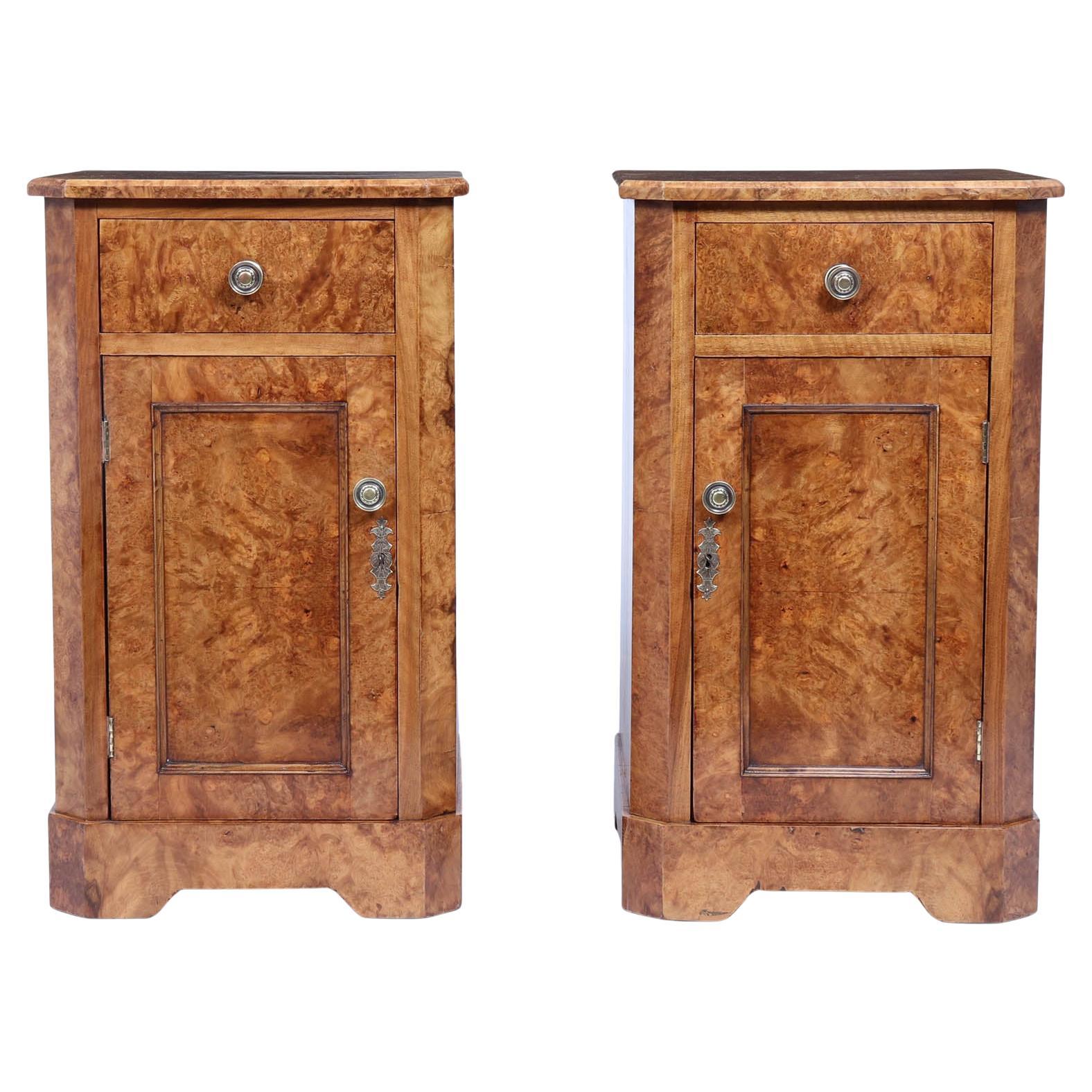 Pair of English Antique Burr Walnut Bedside Cabinets