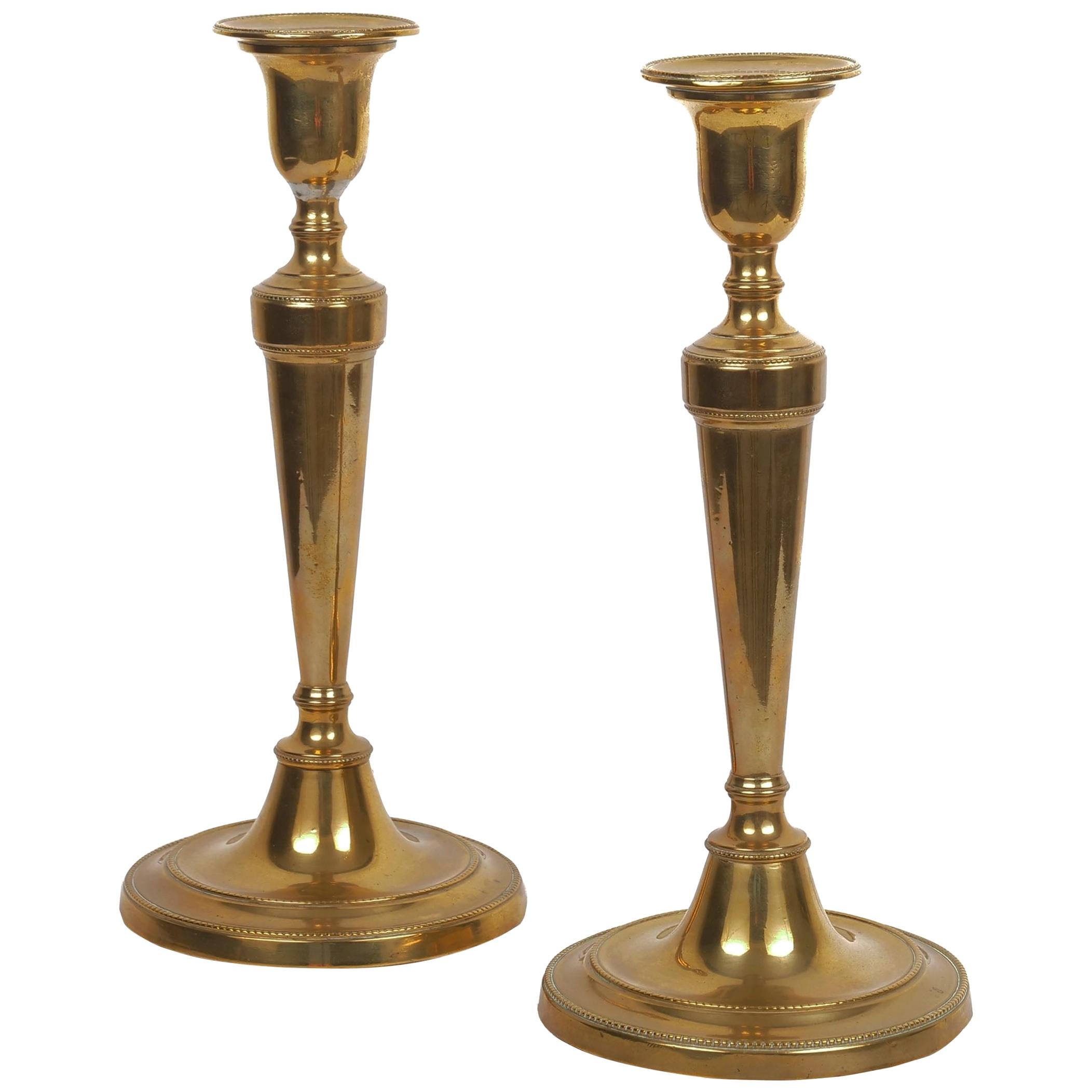 Pair of English Antique George III Brass Candlesticks, 19th Century